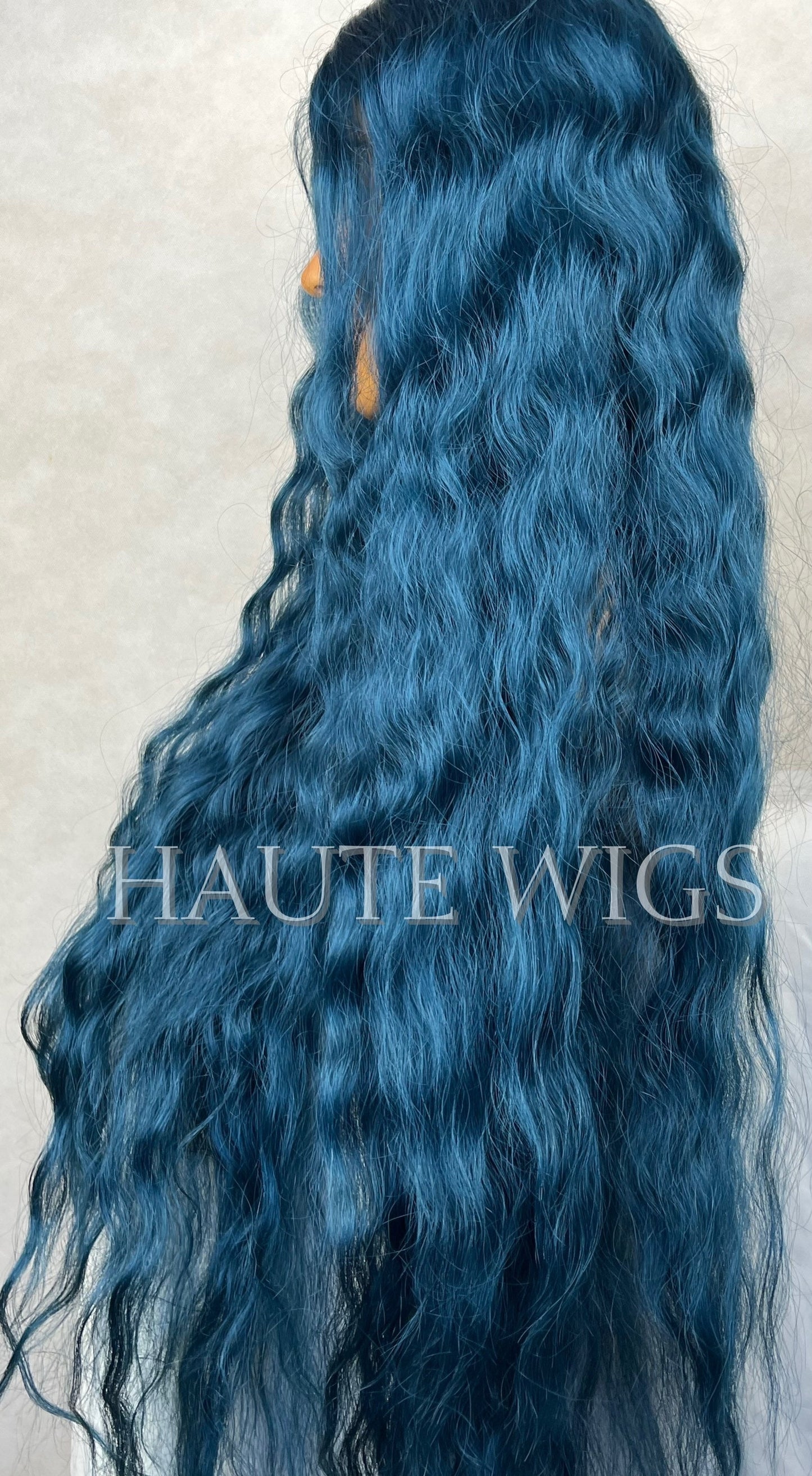 Poison Extra Long 42 Inches Lace Front Human Hair Womens Wig Ladies Wavy Curly Deep Night Sea Blue Luxury Hairs Center Parting Full Density