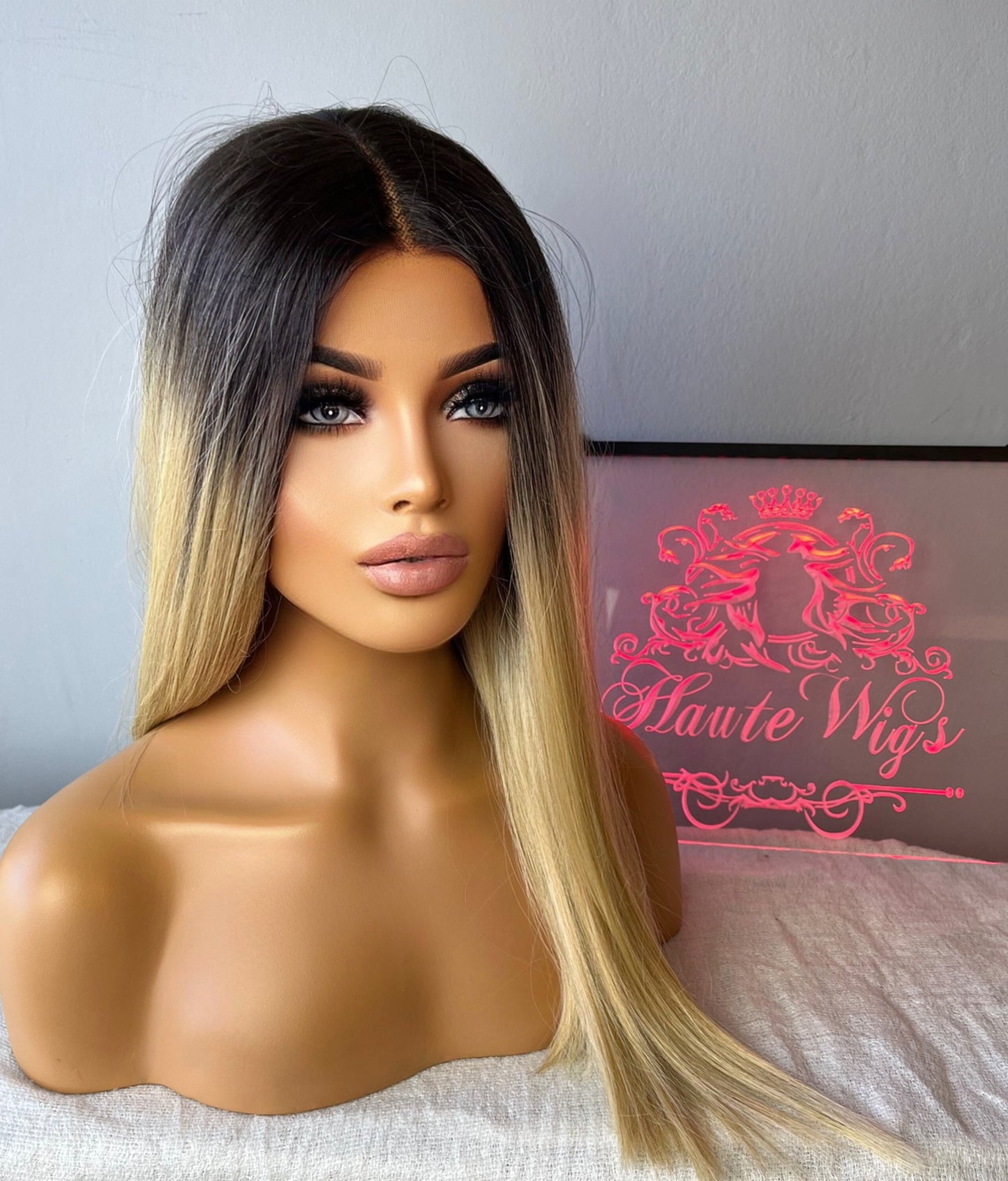 20 Inch Long Straight Blonde Dark Roots Ombre Wig Womens Ladies Lace Front Human Hair Synthetic Blend Wigs Center Parting