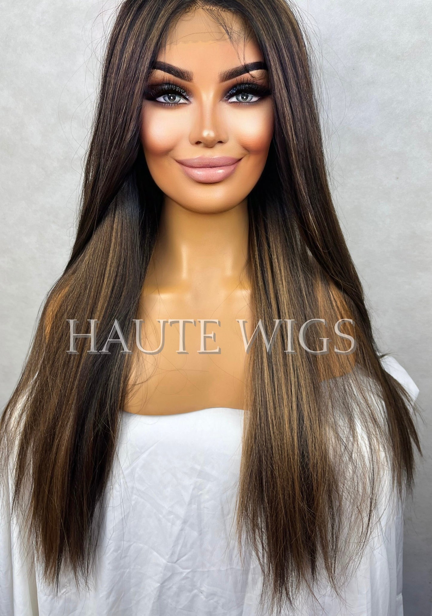 26 Inch BROWN Brunette Wig With Light Highlights Lowlights Streaks Long Straight Womens Wig Human Hair Blends Lace Front Realistic Amazing