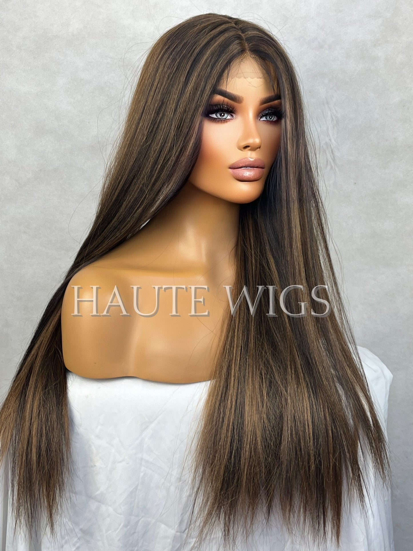 26 Inch BROWN Brunette Wig With Light Highlights Lowlights Streaks Long Straight Womens Wig Human Hair Blends Lace Front Realistic Amazing
