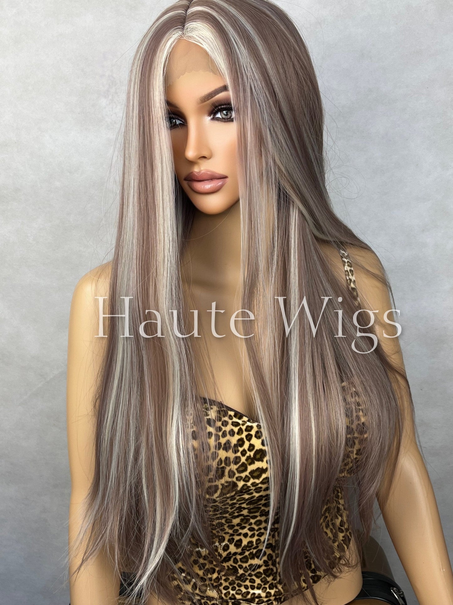 30 Inch Long Brunette Brown Wig W. Blonde White Highlights Balayage Womens Hair Closure Lace Front Straight Blonde Streaks Low Lights