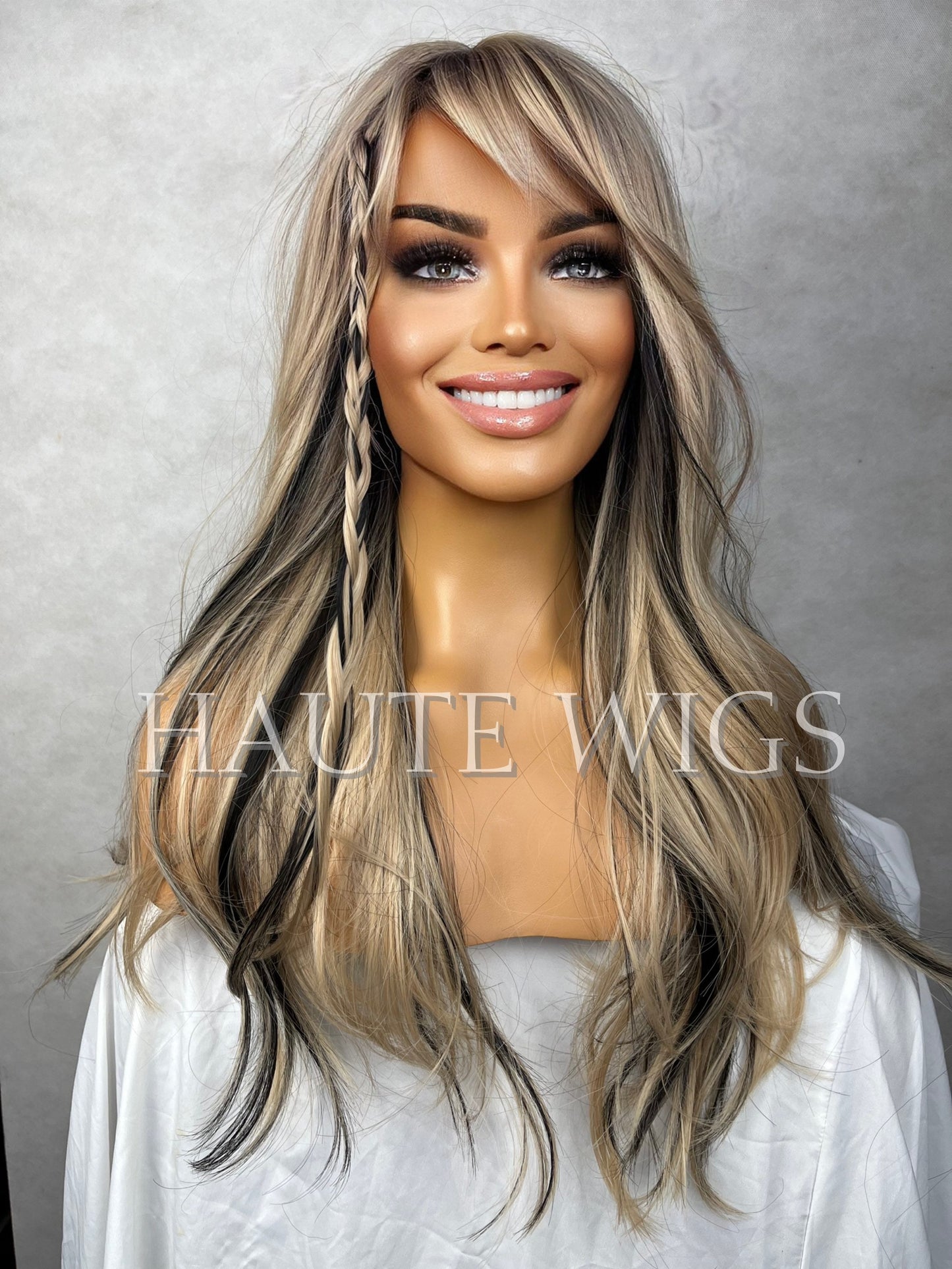 24 Inch Long Sexy Blonde Wig W. Black Highlights Lowlights Womens Hair Fringe Bangs Wavy Layered Christina Aguilera Dirrty inspired hair
