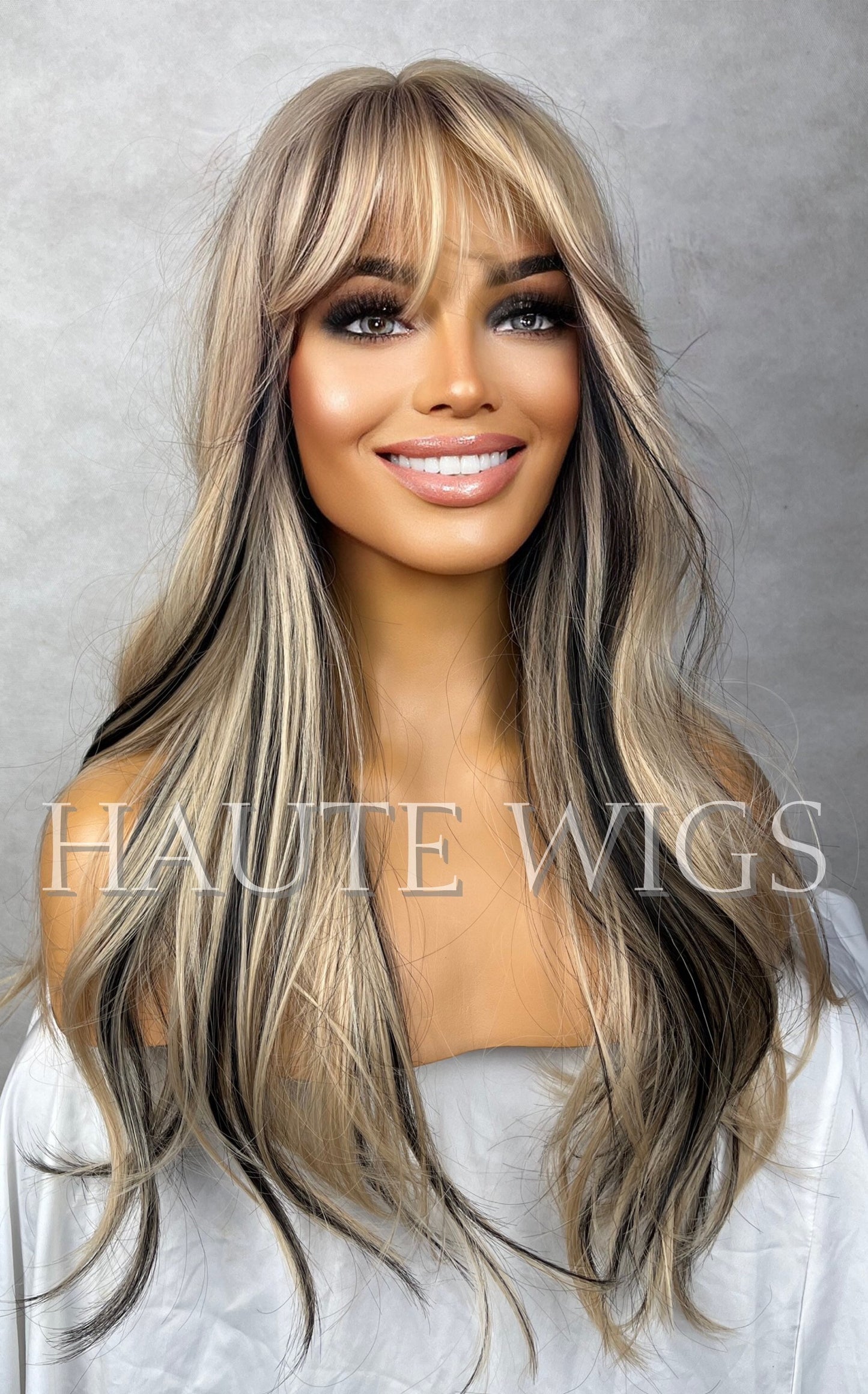 24 Inch Long Sexy Blonde Wig W. Black Highlights Lowlights Womens Hair Fringe Bangs Wavy Layered Christina Aguilera Dirrty inspired hair