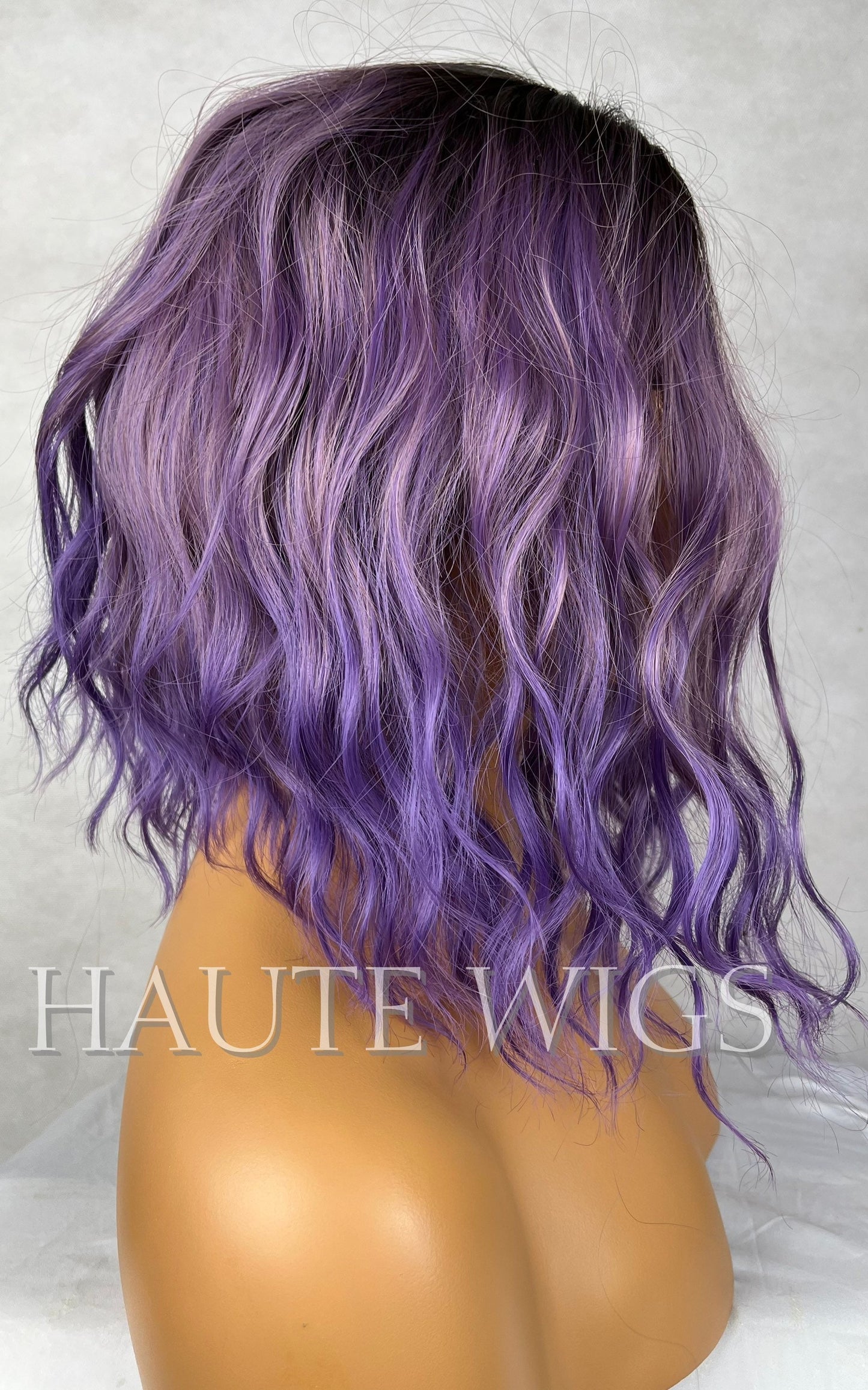 Ombre Lilac Electric Purple Violet Wig W Bangs Fringe Short Pixie BOB Wavy NO Lace Front Wigs Gift For Her Dark Roots Ladies Womens play
