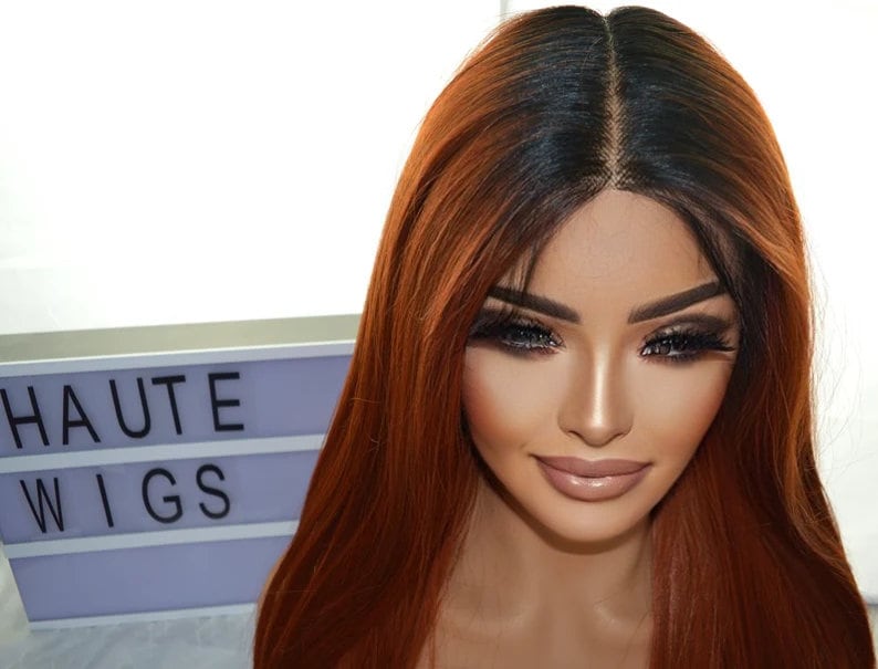 Copper Ginger Ombre Long 26 Inches Lace Front Human Hair Blends Womens Wig Ladies Deep Ginger Brown Baby Hairs Center Parting Straight