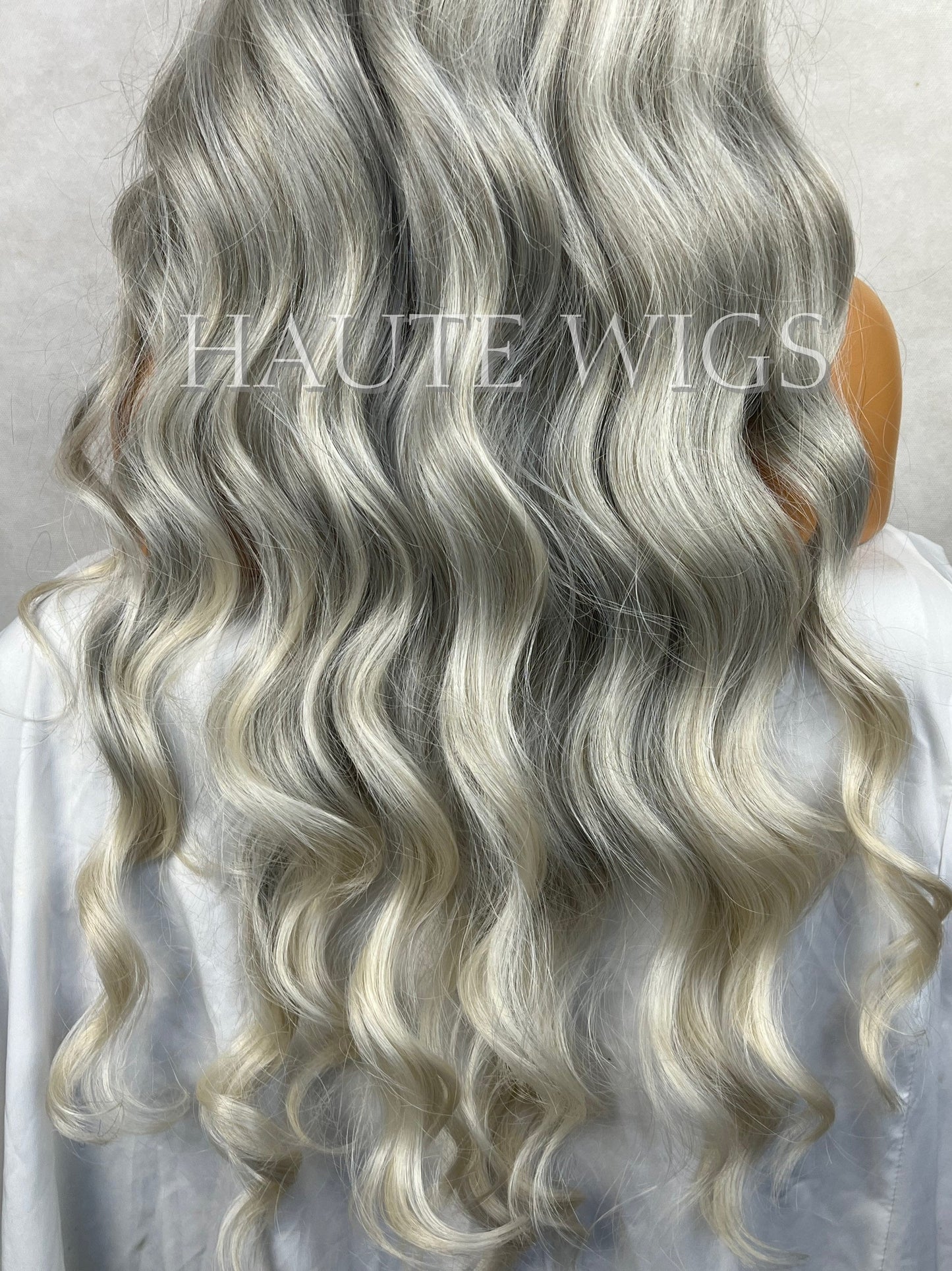 WAVY 38 Inches Long Luxury No Lace Front Human Hair Blends Wig Womens center Parting Wigs Platinum Silver Blonde Ombre Hair Gift For Her