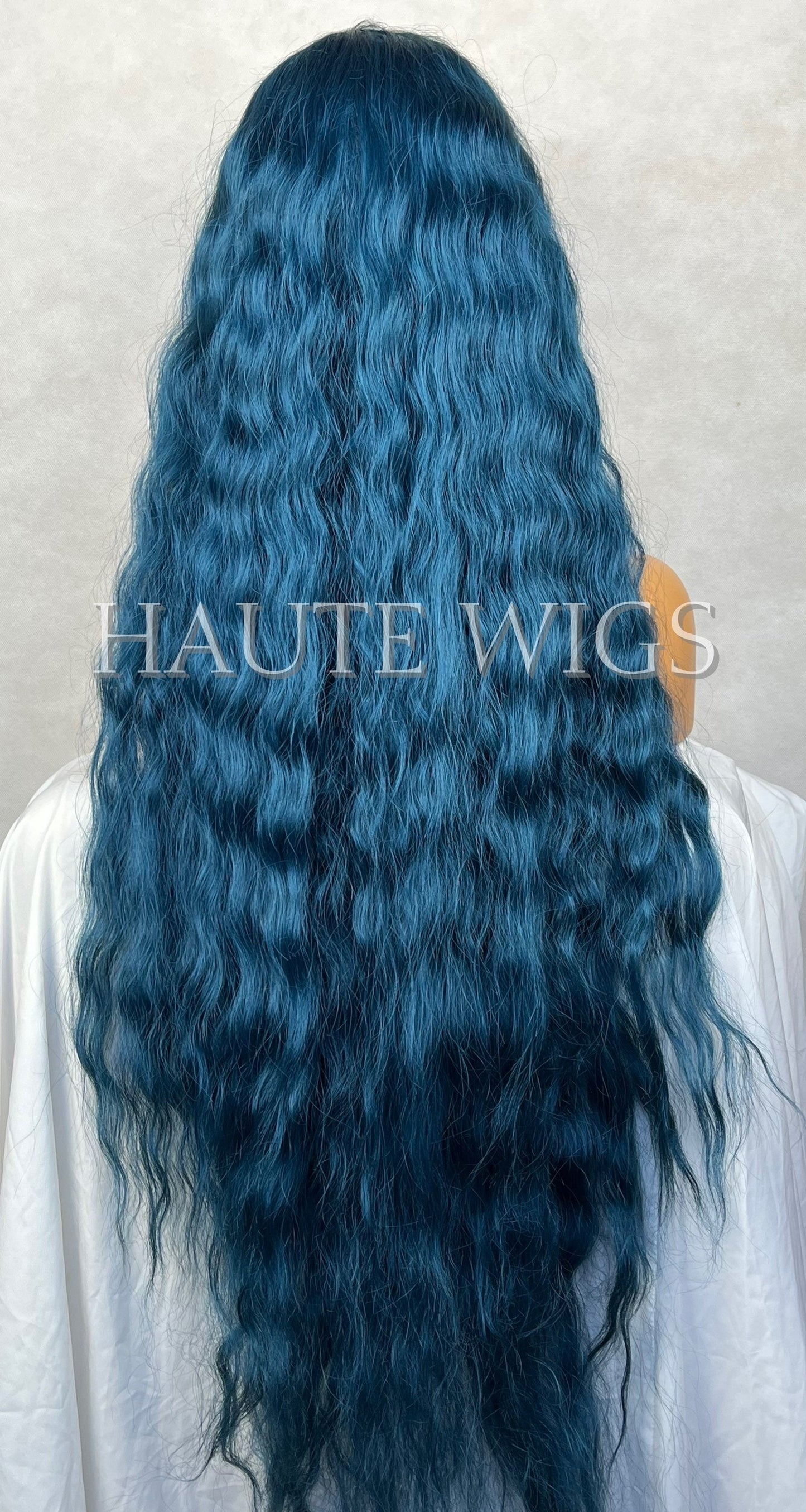 Poison Extra Long 42 Inches Lace Front Human Hair Womens Wig Ladies Wavy Curly Deep Night Sea Blue Luxury Hairs Center Parting Full Density