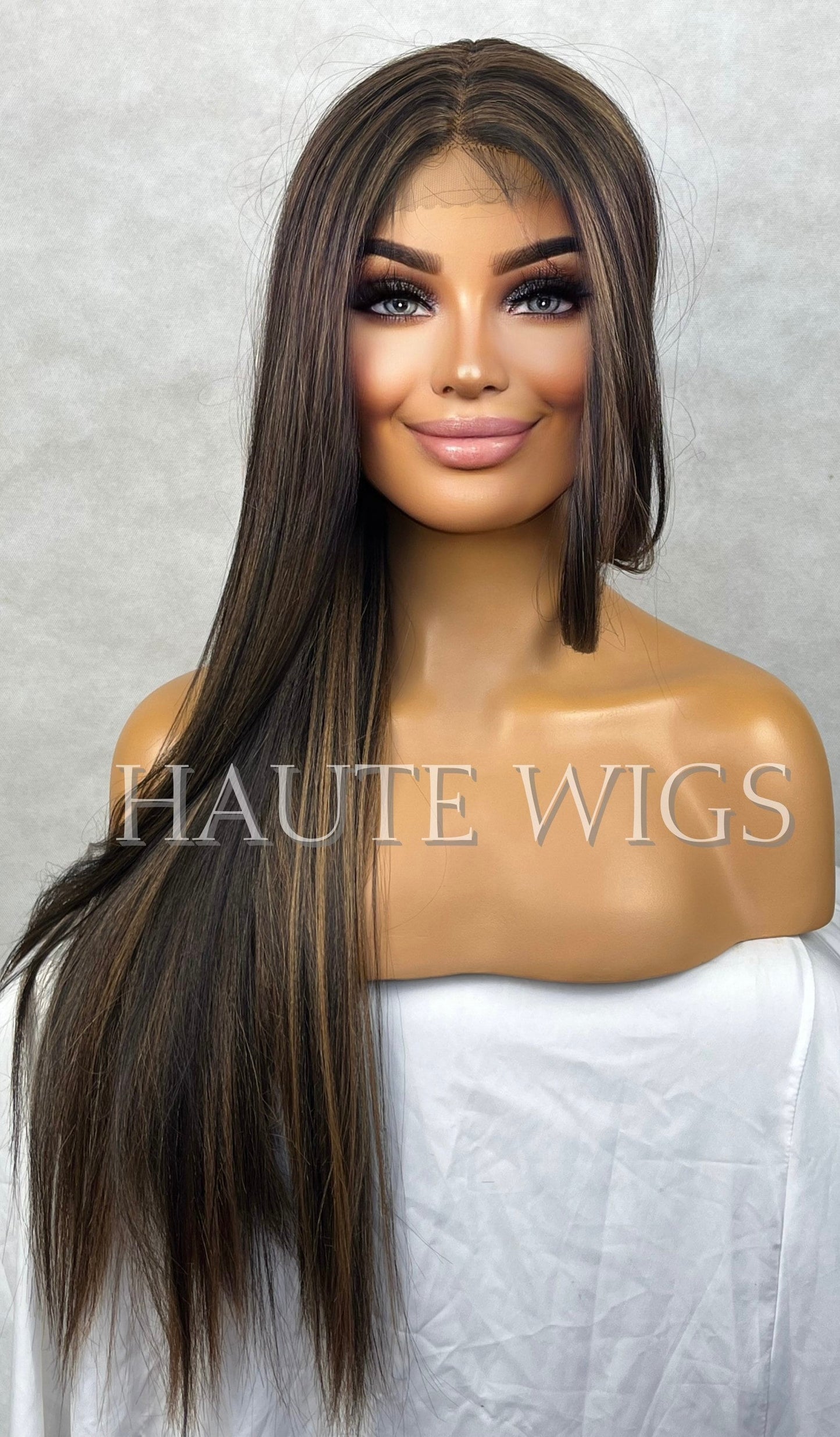 26 Inch BROWN Brunette Wig With Light Highlights Lowlights Streaks Long Straight Womens Wig Human Hair Blends Lace Front Realistic Amazing