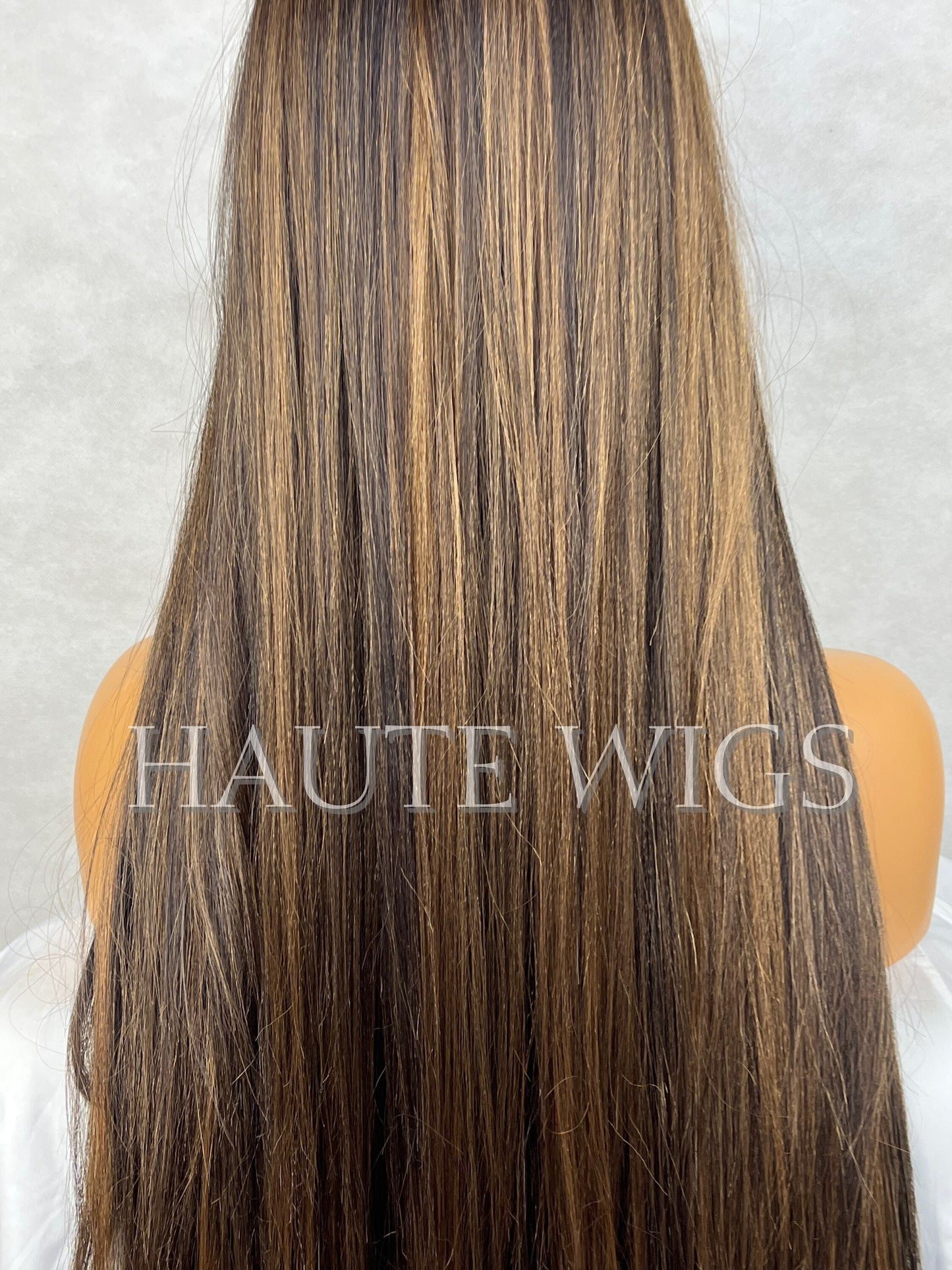 26 Inch BROWN Brunette Wig With Light Highlights Lowlights Streaks Long Straight Womens Wig Human Hair Blends Lace Front Realistic Amazing