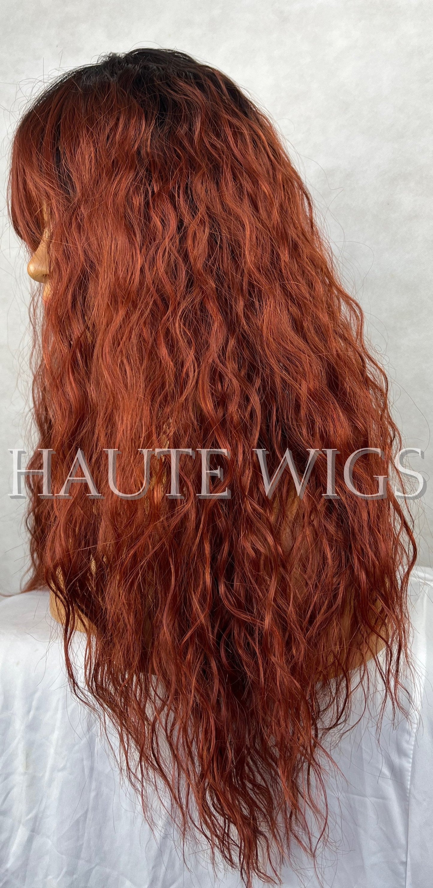 Dainty ombré Auburn Ginger Copper Wig 19 Inch Womens Everyday Wig Human Hair Blends Fringe Bangs Wavy Curly Wavy Orange dark roots