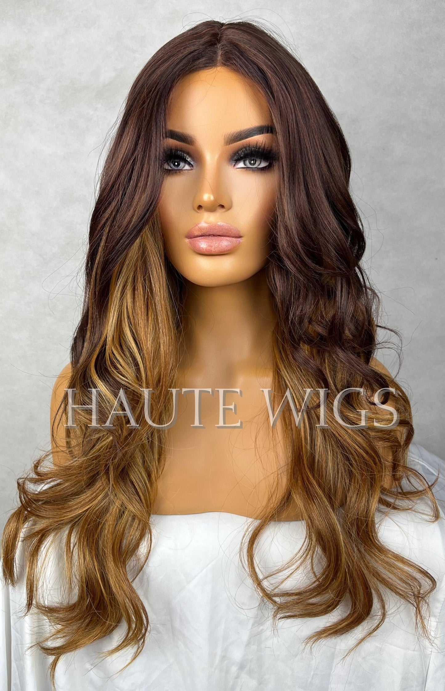 24 Inch Long Wig 3 tones dark Roots Dark Brown Ombre Blonde Highlights Streaks Balayage Straight No Lace Front Wavy Human Hair Blends Wigs