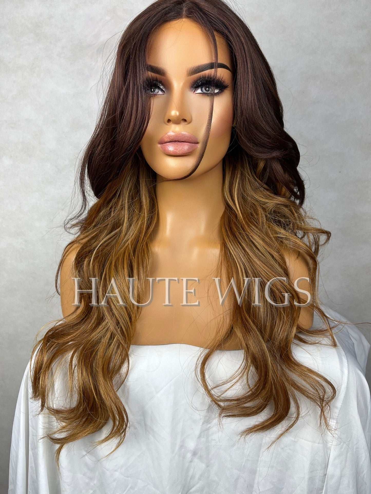 24 Inch Long Wig 3 tones dark Roots Dark Brown Ombre Blonde Highlights Streaks Balayage Straight No Lace Front Wavy Human Hair Blends Wigs