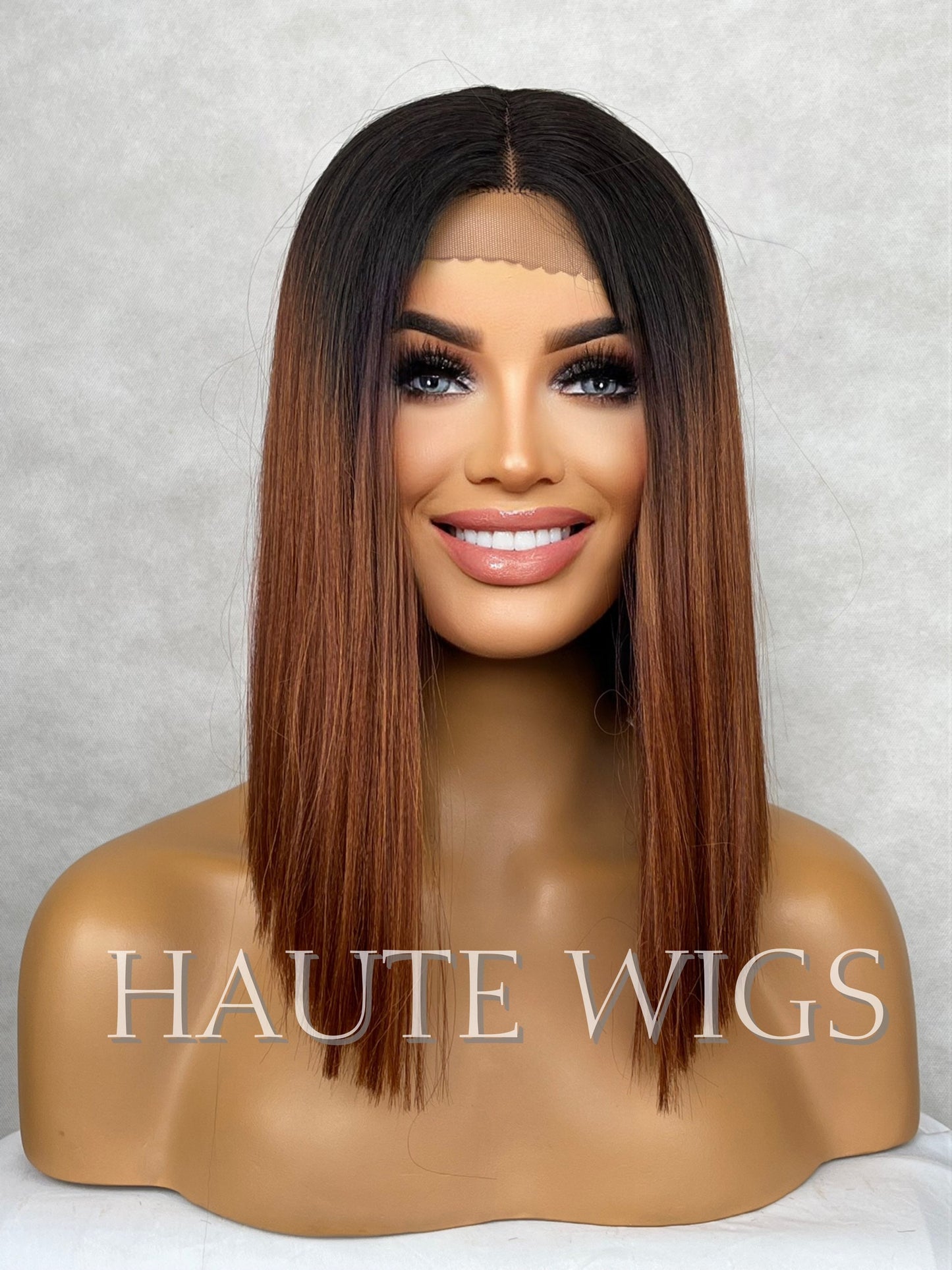 Auburn Golden Brown 14 Inch Bob Wig Ombre Ginger Straight Human Hair Center Parting NO Lace Front Womens Wig Eye Catching Short