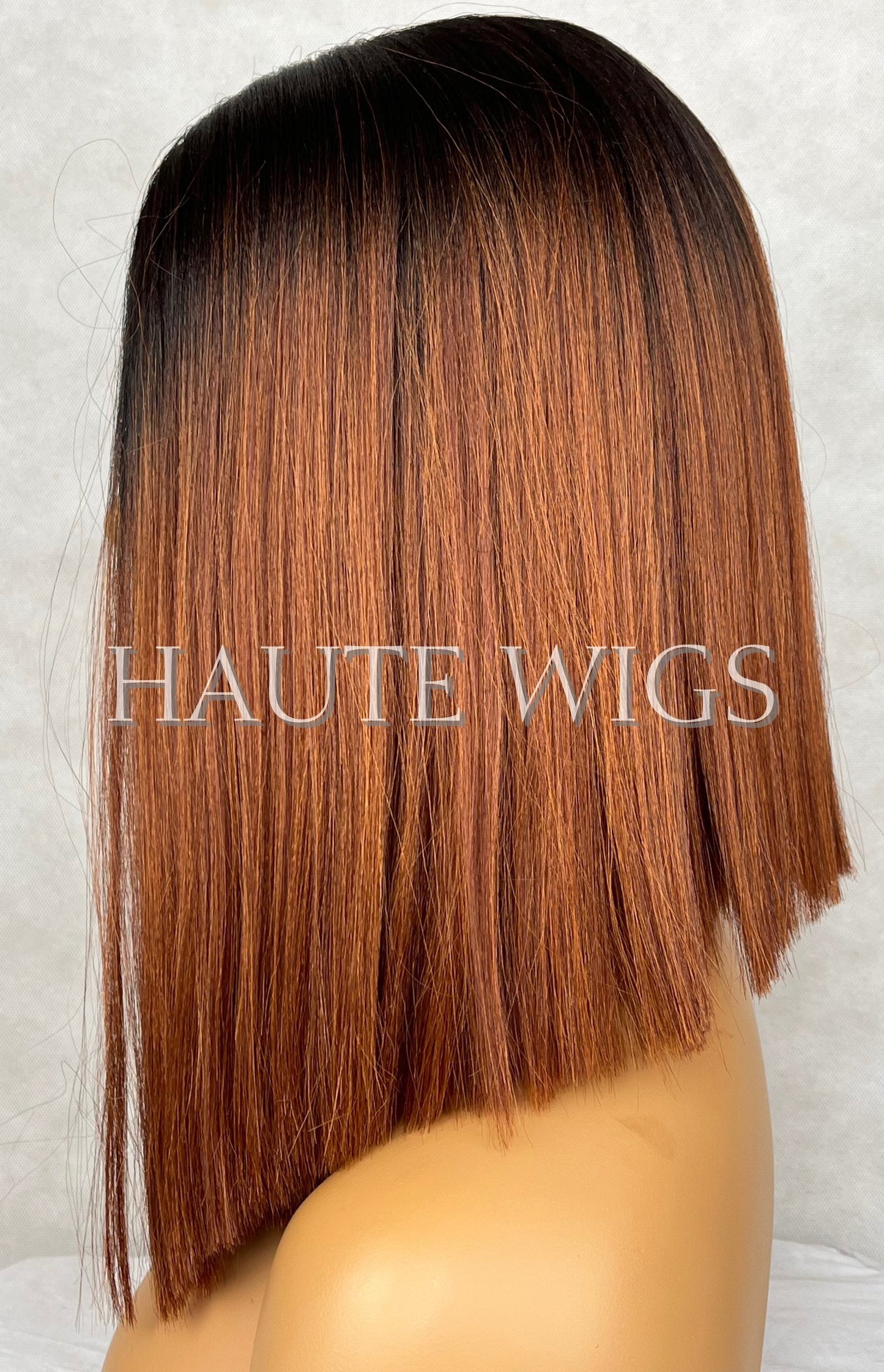 Auburn Golden Brown 14 Inch Bob Wig Ombre Ginger Straight Human Hair Center Parting NO Lace Front Womens Wig Eye Catching Short