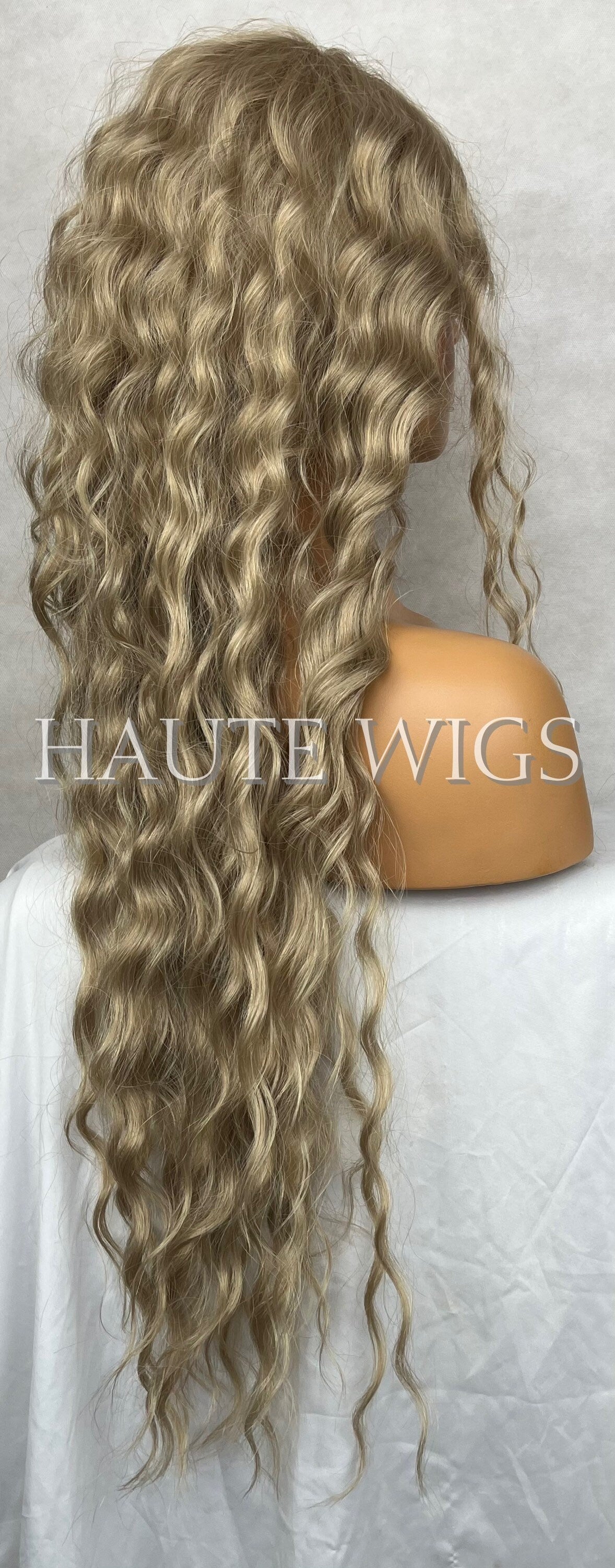 Sami W. Bangs Fringe Long Light ASH Brown Blonde Wig Water Waves Synthetic Vegan Curly Deep Body Gift for Her