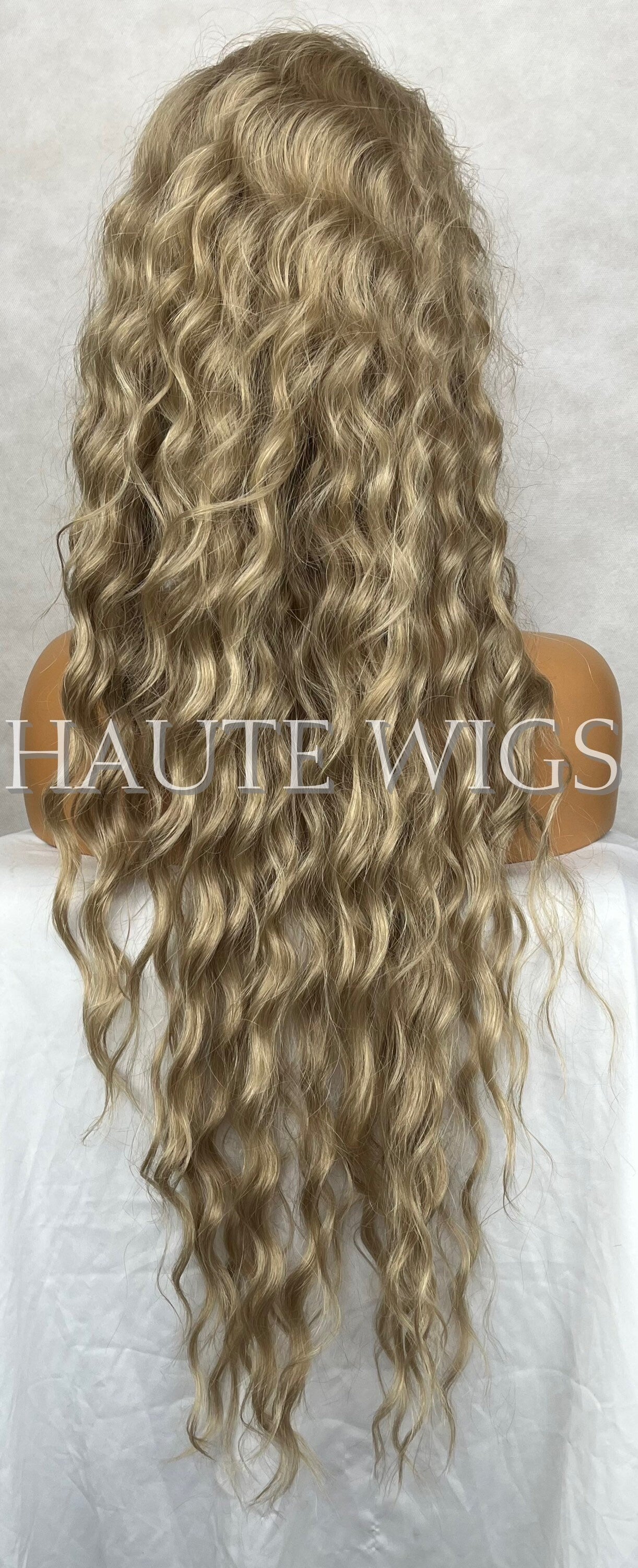 Sami W. Bangs Fringe Long Light ASH Brown Blonde Wig Water Waves Synthetic Vegan Curly Deep Body Gift for Her