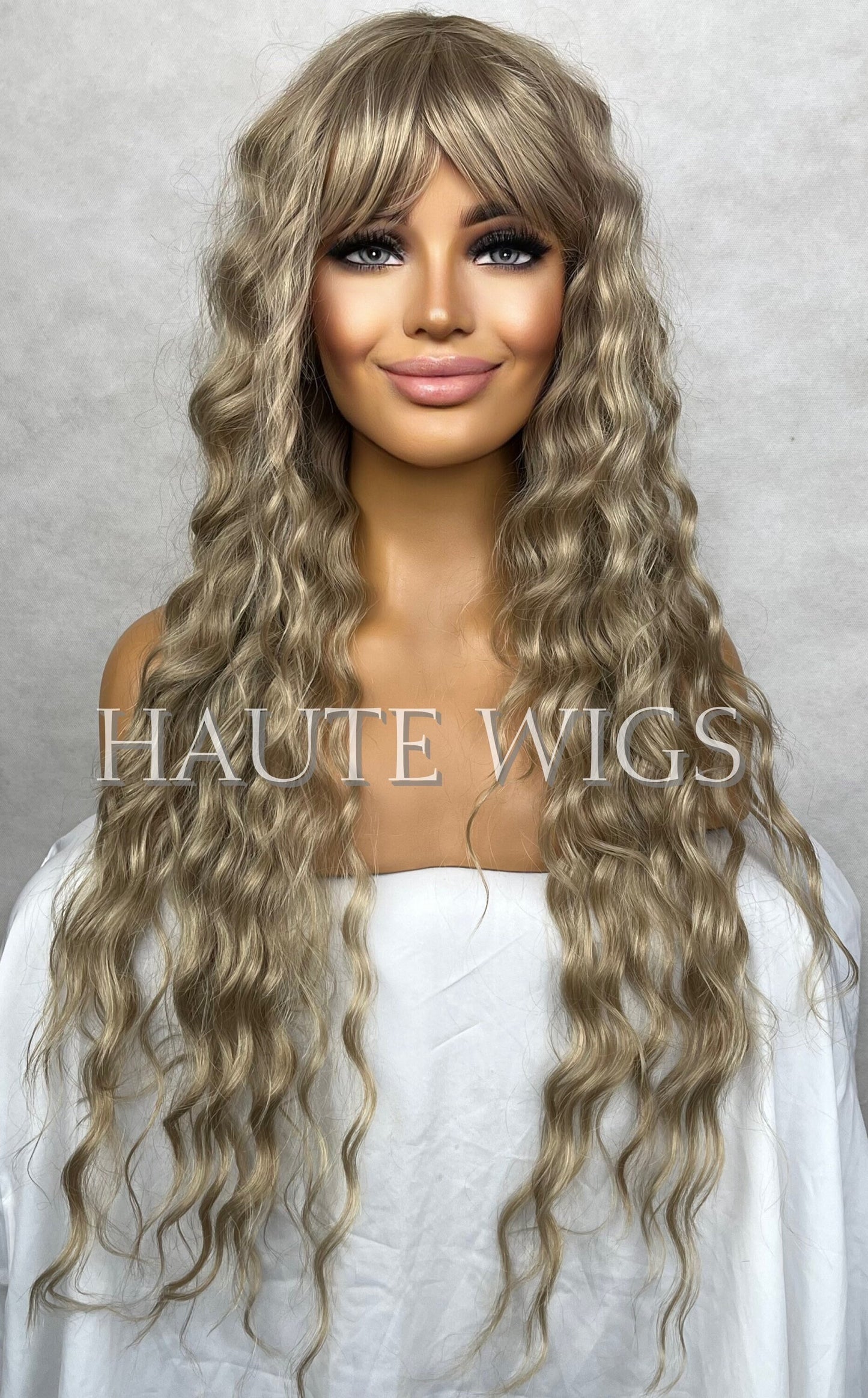 Sami W. Bangs Fringe Long Light ASH Brown Blonde Wig Water Waves Synthetic Vegan Curly Deep Body Gift for Her