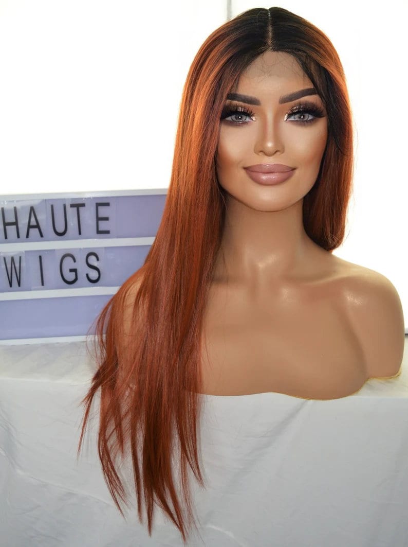 Copper Ginger Ombre Long 26 Inches Lace Front Human Hair Blends Womens Wig Ladies Deep Ginger Brown Baby Hairs Center Parting Straight