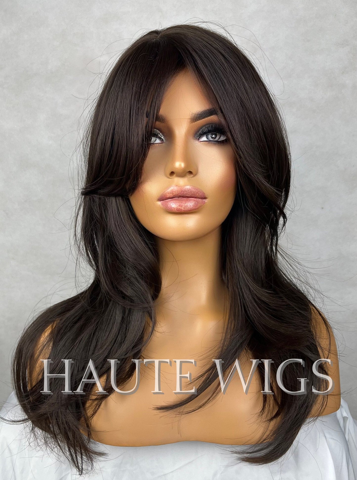 1996 - 90s Inspired Layered Hair Wig Dark warm Brown With Bangs / Fringe Straight No Lace Front Synthetic Wavy Hair Wigs Gift her