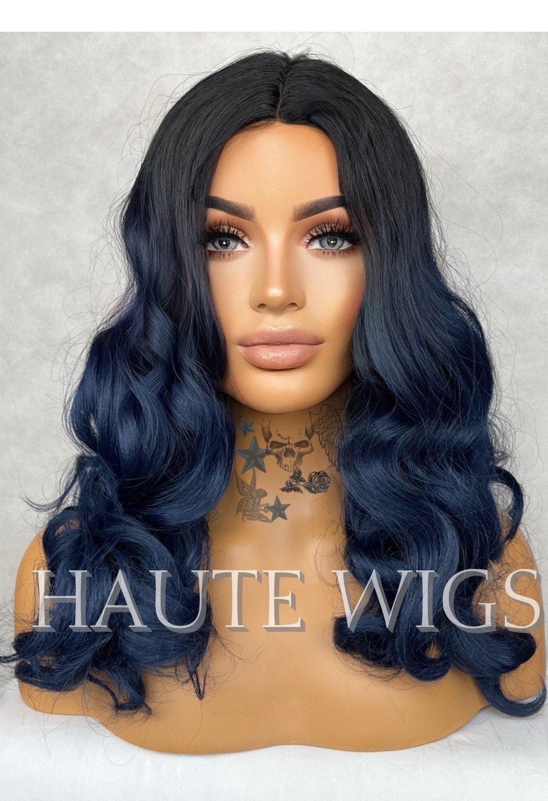 Wavy short Ombre Dark Midnight Navy Blue Wig NO Lace Front Human Hair Synthetic Blends Wig Ladies Womens Center Parting Curly