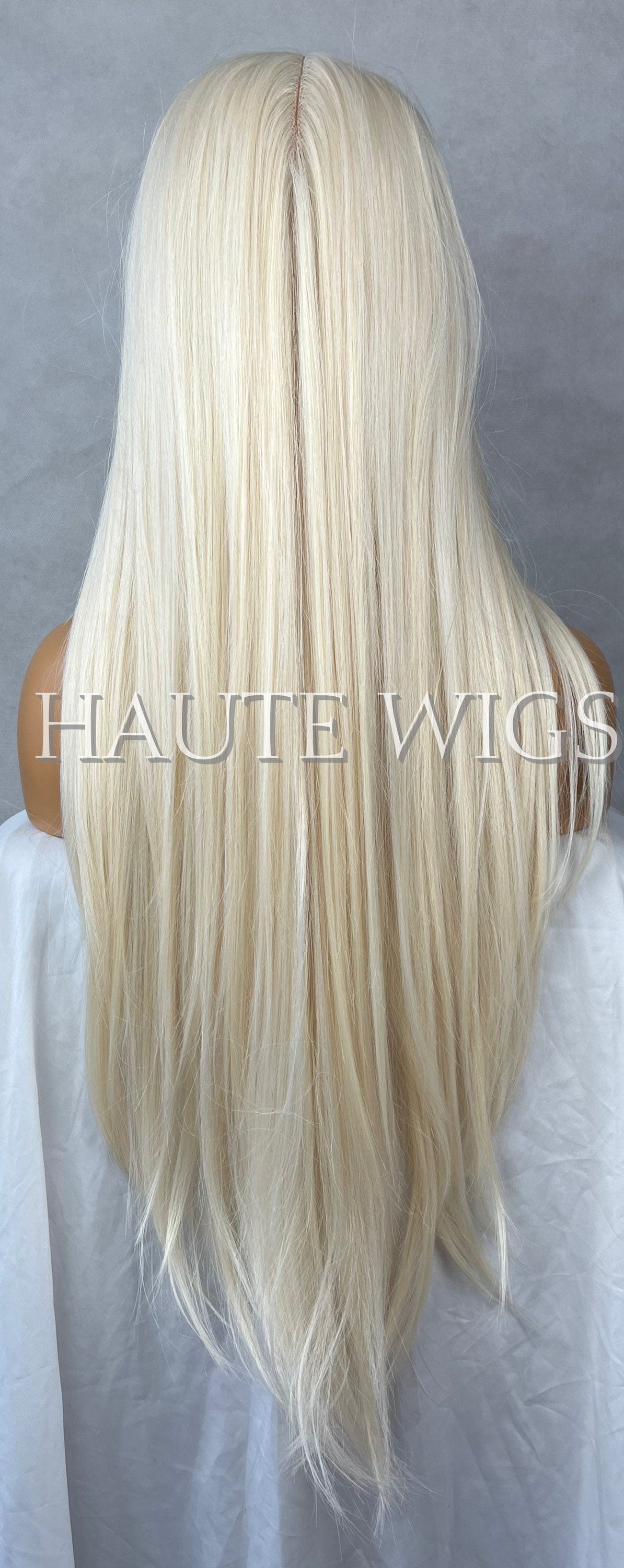 Private Show - Light Creamy Blonde Womens Long Wig Lace Front Layered Human Hair Blends Straight Thick Ladies Wig RARE Bleached Peroxide