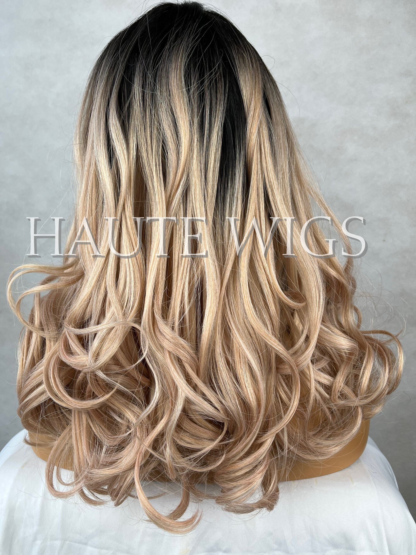 16 inch Blonde With Rose Gold Pink Tones Wig Long wavy Womens Human Hair Blend Pre Cut Lace Front center Parting Realistic Haute Wigs