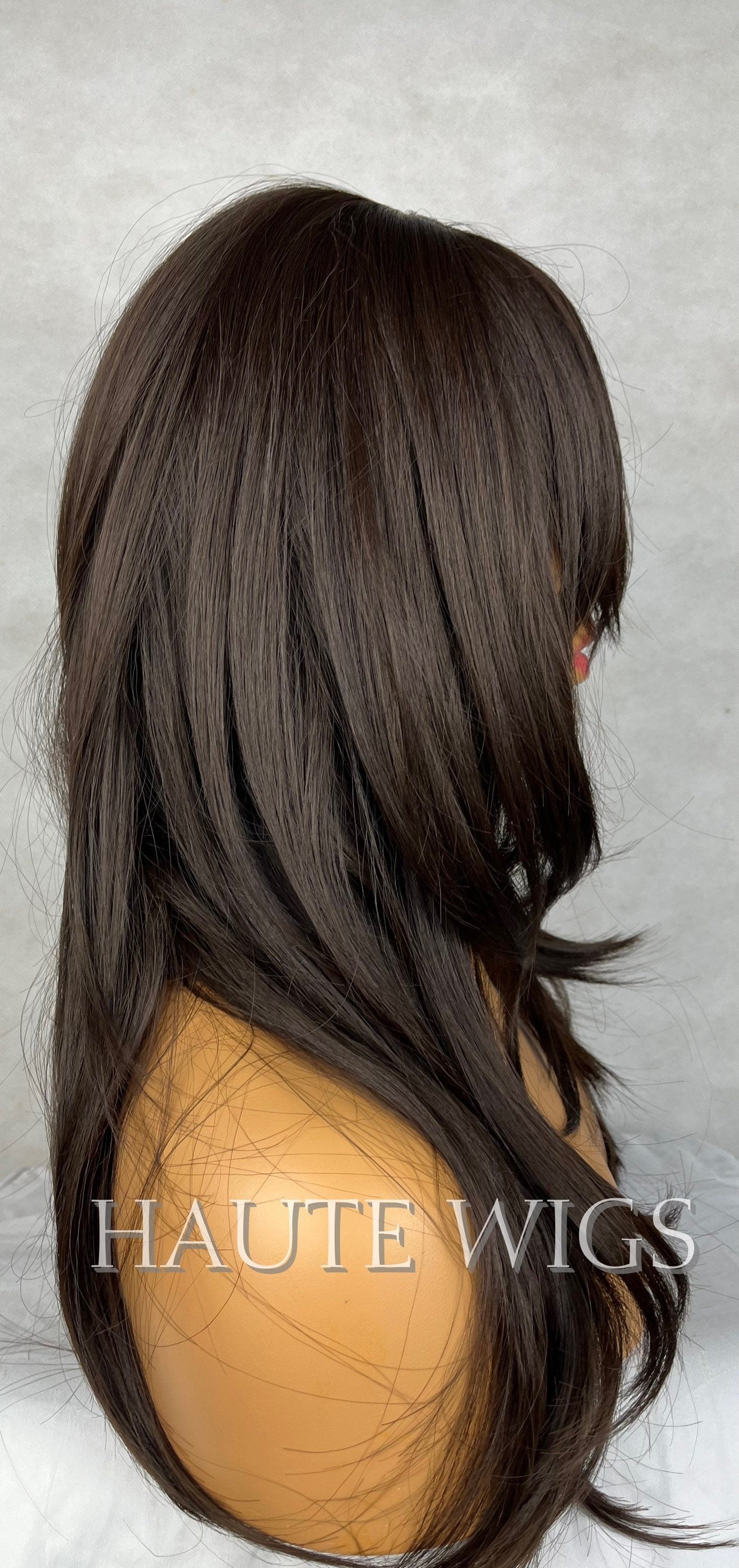 1996 - 90s Inspired Layered Hair Wig Dark warm Brown With Bangs / Fringe Straight No Lace Front Synthetic Wavy Hair Wigs Gift her
