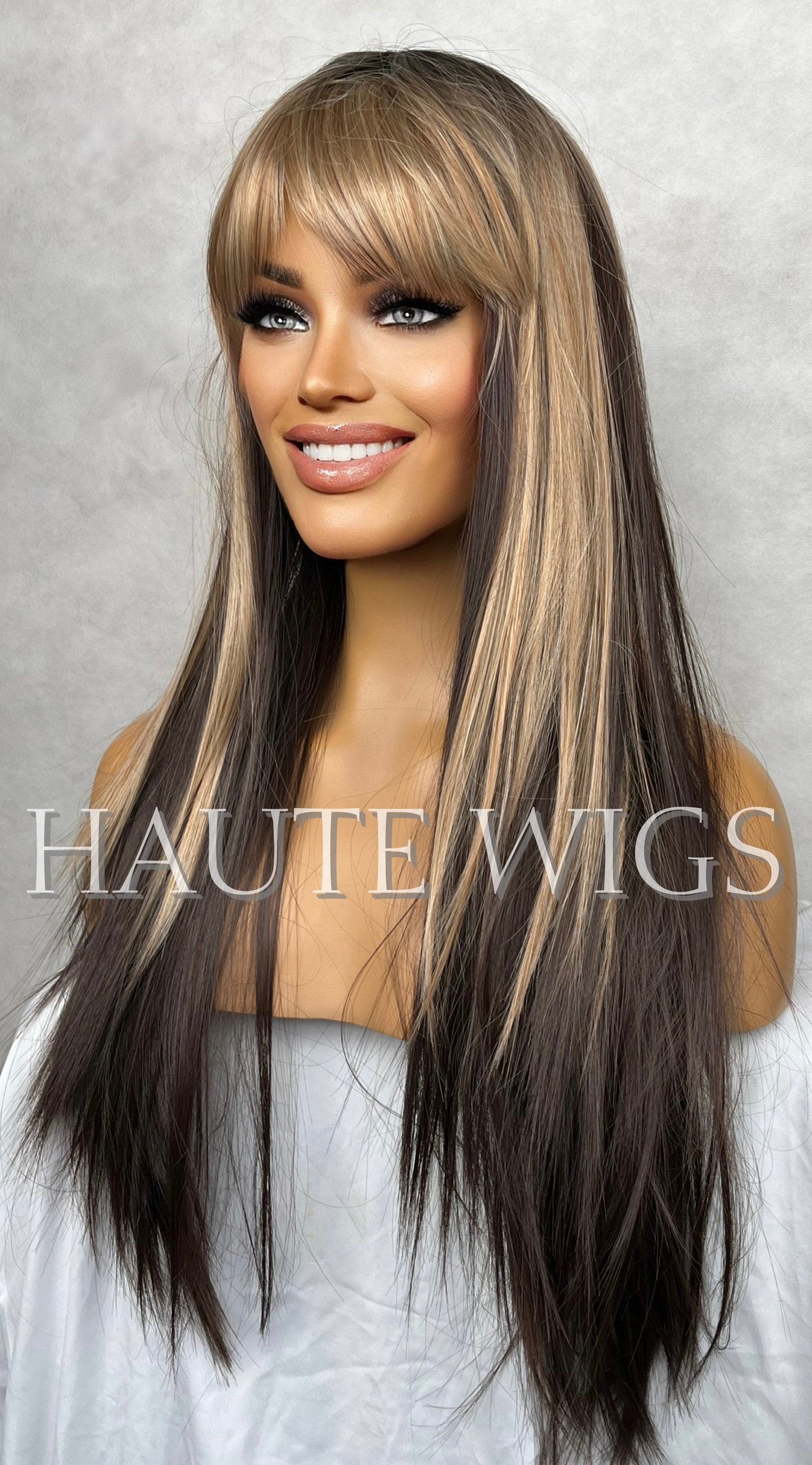 24 Inch Long Sexy Brown Wig W. Blonde Highlights Lowlights Womens Hair Fringe Bangs Wavy Layered Christina Aguilera Dirrty inspired hair