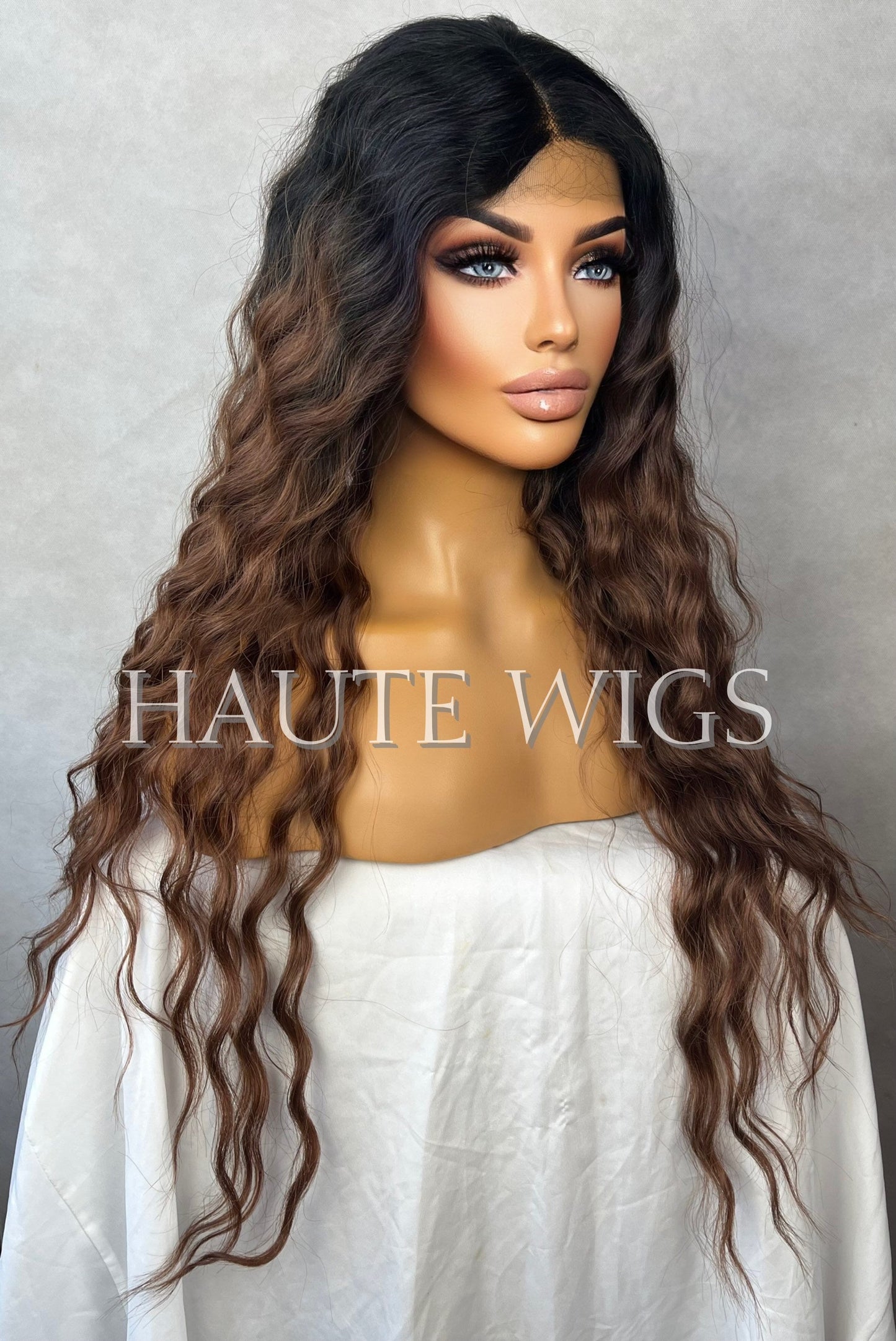 28 Inch Brown W. Red tones Ombré Curly Wavy Water Waves Wig Lace Front Perm Human Hair Blends Gift For Her Realistic Ladies Womens