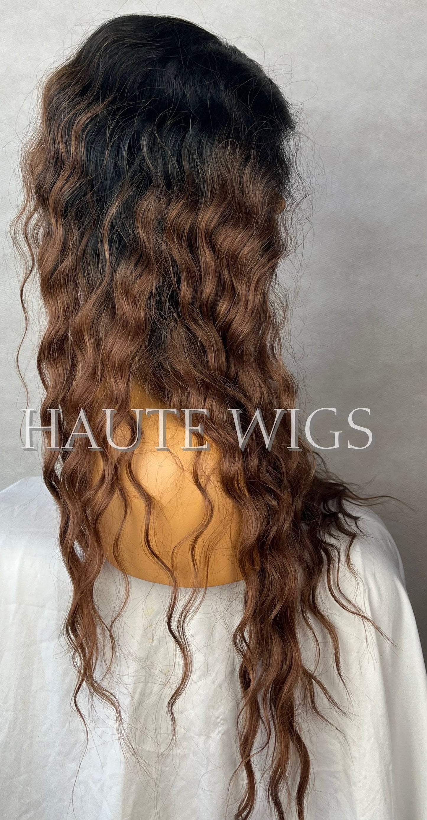28 Inch Brown W. Red tones Ombré Curly Wavy Water Waves Wig Lace Front Perm Human Hair Blends Gift For Her Realistic Ladies Womens