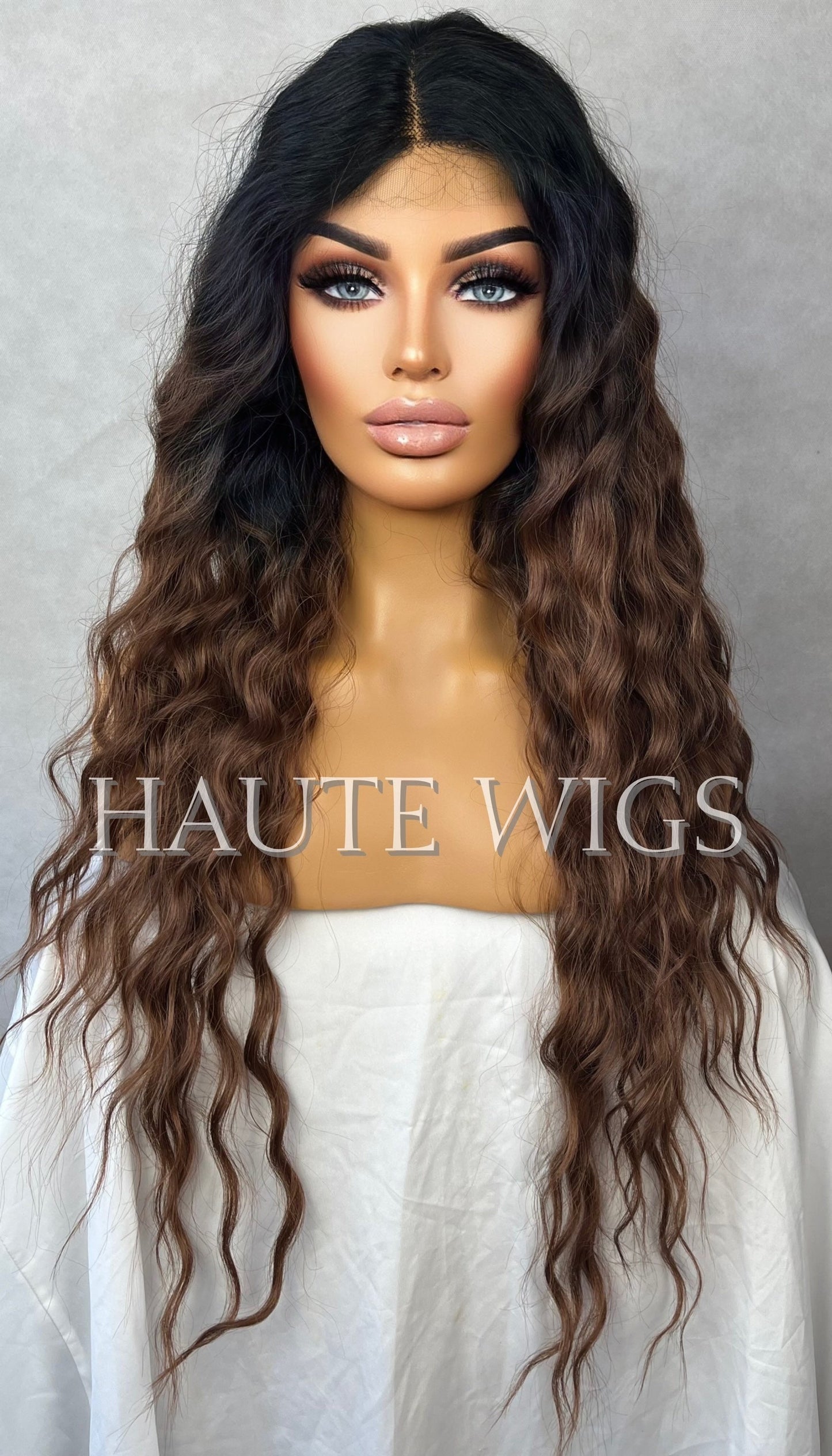 28 Inch Brown W. Red tones Ombré Curly Wavy Water Waves Wig Lace Front Perm Human Hair Blends Gift For Her Realistic Ladies Womens