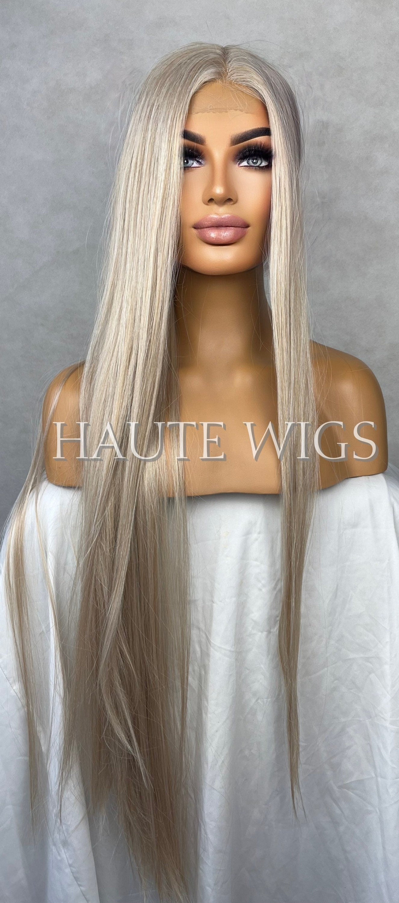 BLONDIE XXX 40" Light COOL Tone Blonde Wig No ombré Womens Long Wig Lace Front Realistic Human Hair Blends Straight Ladies Wig Gift