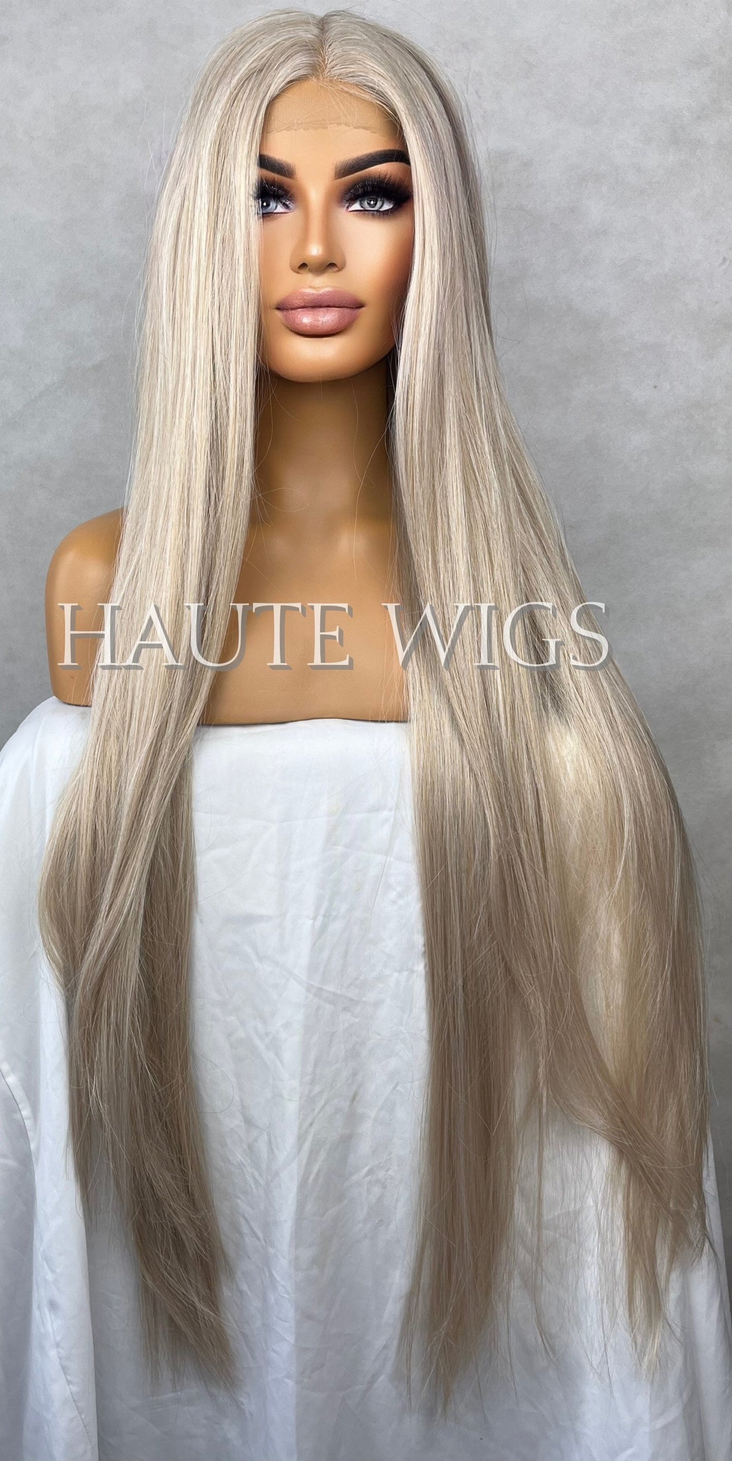 BLONDIE XXX 40" Light COOL Tone Blonde Wig No ombré Womens Long Wig Lace Front Realistic Human Hair Blends Straight Ladies Wig Gift