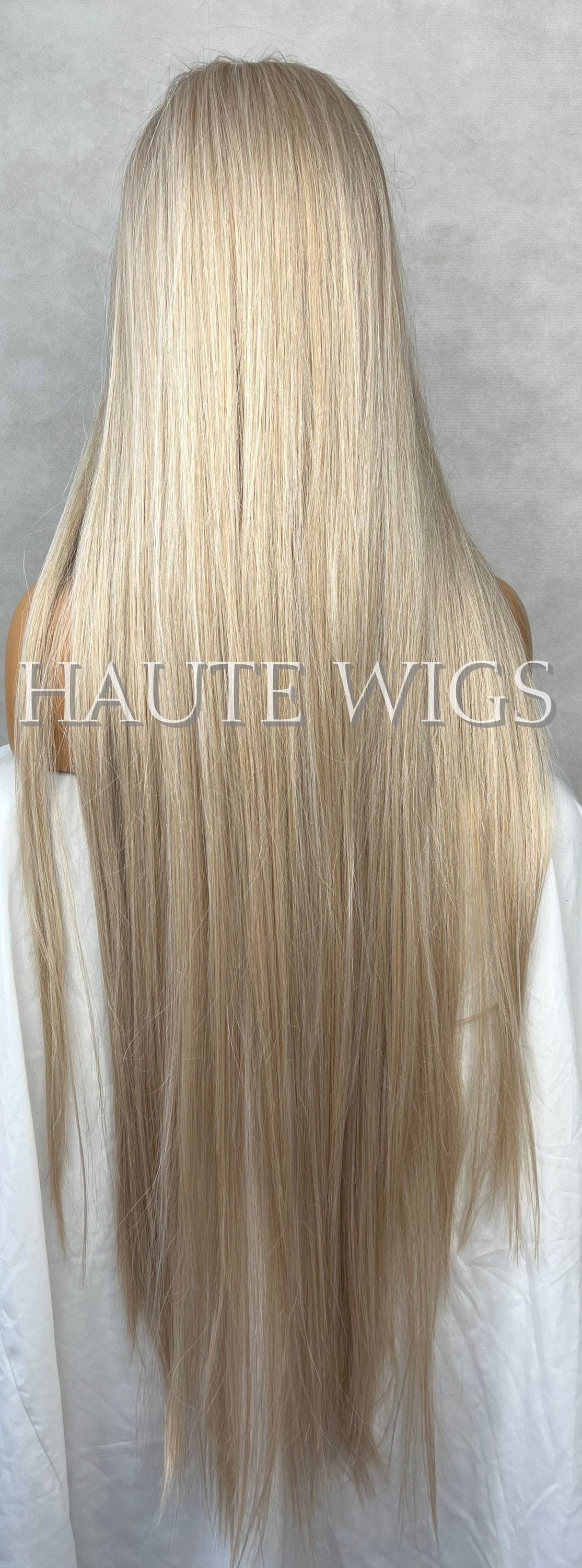 BLONDIE XXX 40" Light COOL Tone Blonde Wig No ombré Womens Long Wig Lace Front Realistic Human Hair Blends Straight Ladies Wig Gift