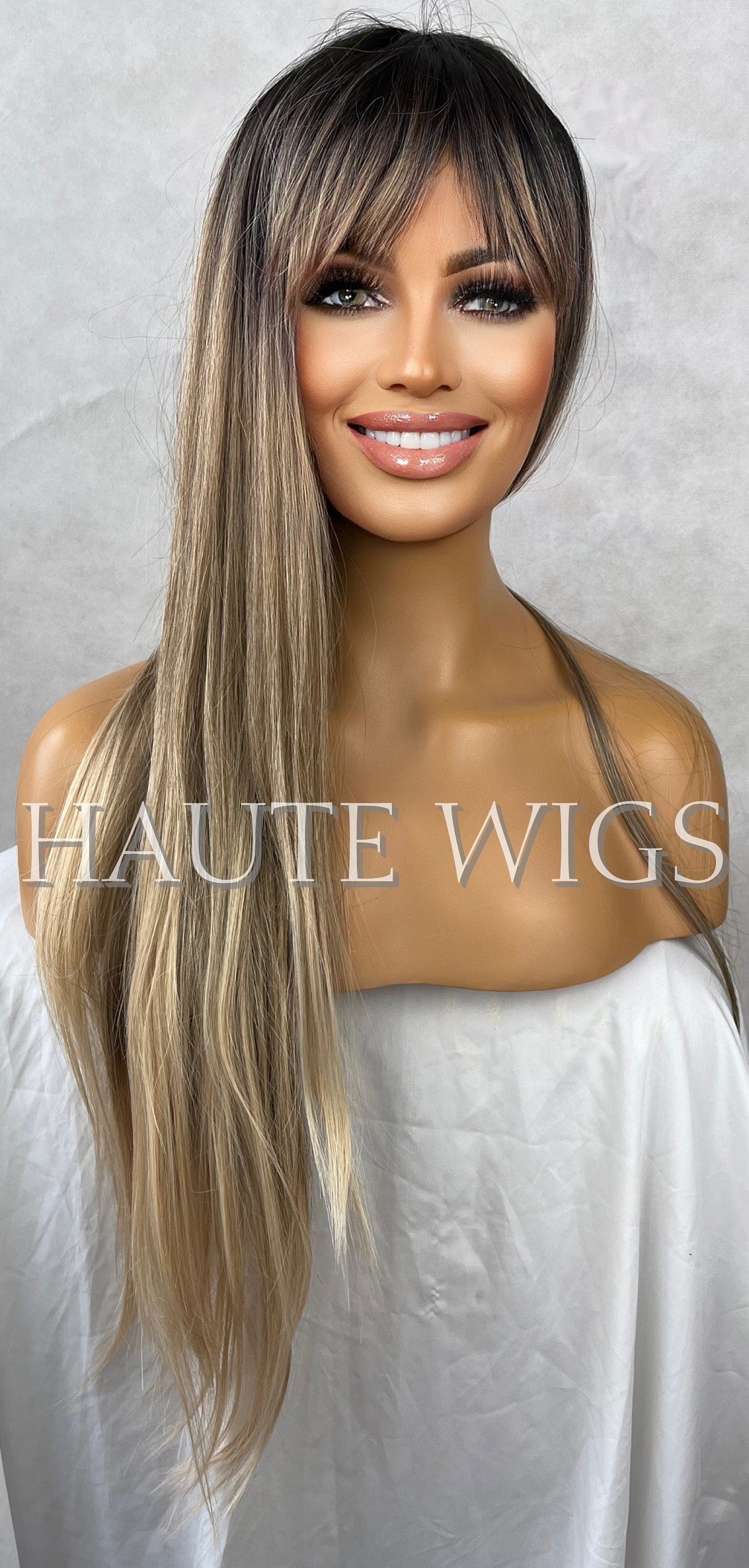30 Inch Long Ash Blonde Brown Highlights Balayage Womens Wig Hair Fringe / Bangs Straight Blonde Low Lights Human Hair Blends Synthetic