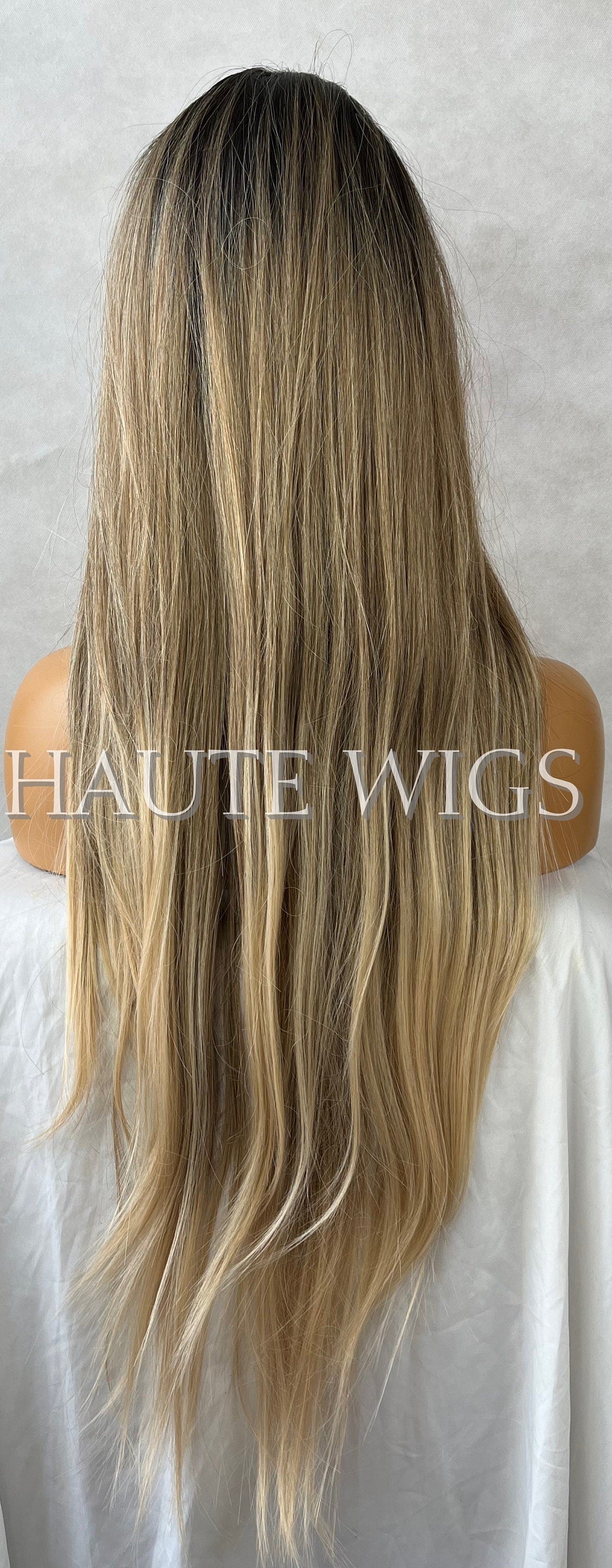 30 Inch Long Ash Blonde Brown Highlights Balayage Womens Wig Hair Fringe / Bangs Straight Blonde Low Lights Human Hair Blends Synthetic