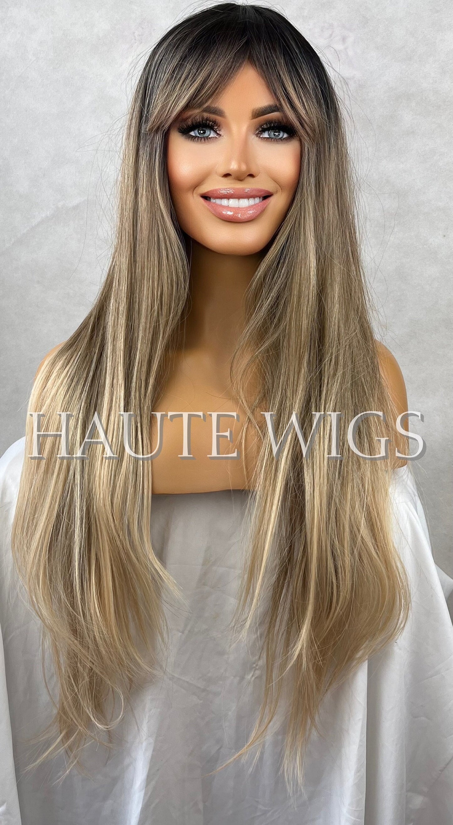 30 Inch Long Ash Blonde Brown Highlights Balayage Womens Wig Hair Fringe / Bangs Straight Blonde Low Lights Human Hair Blends Synthetic