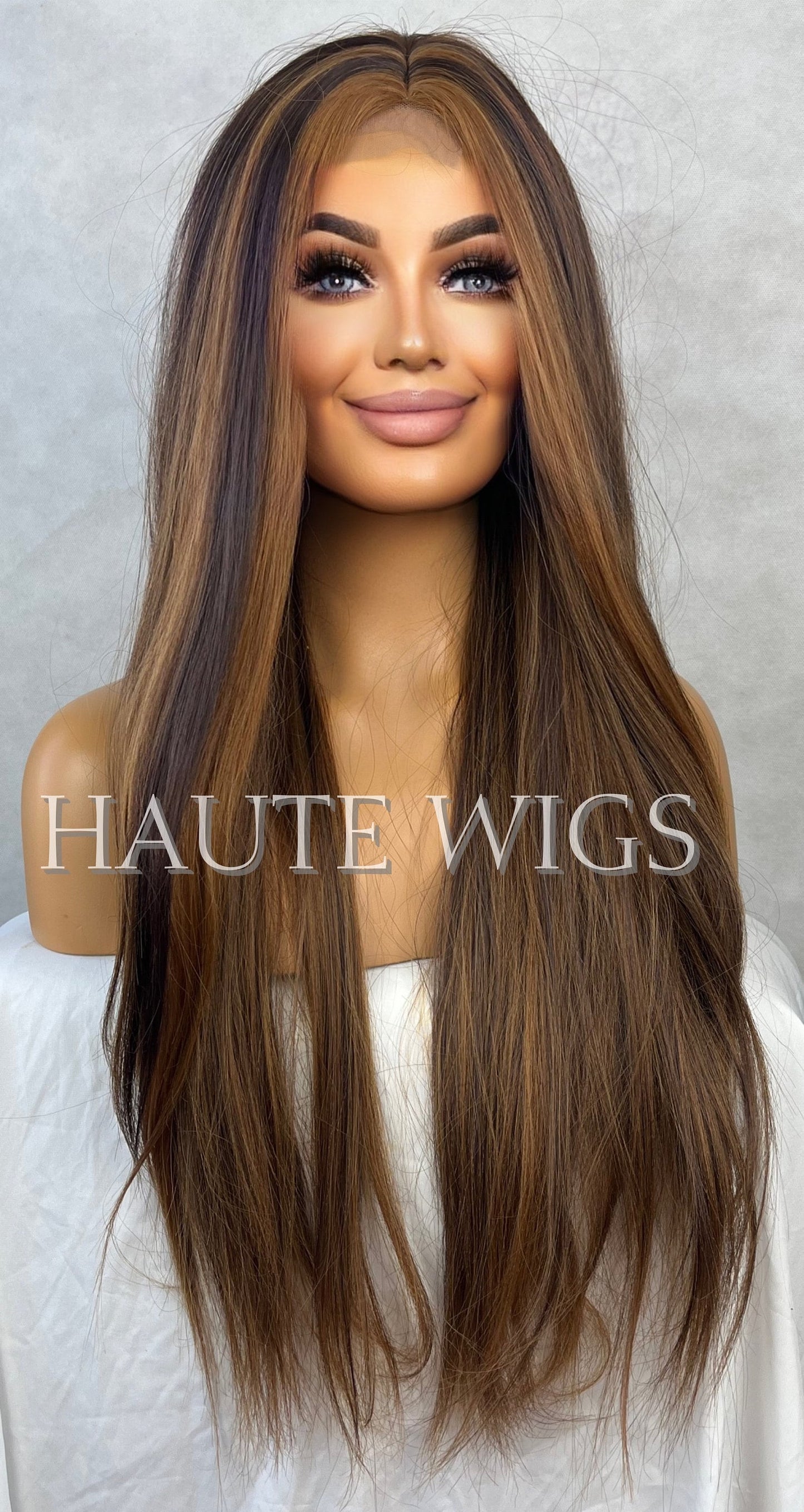 30 Inch BROWN Brunette Wig With Light Highlights Lowlights Streaks Long Straight Womens Wig Vegan friendly Lace Front Realistic Haute Wigs