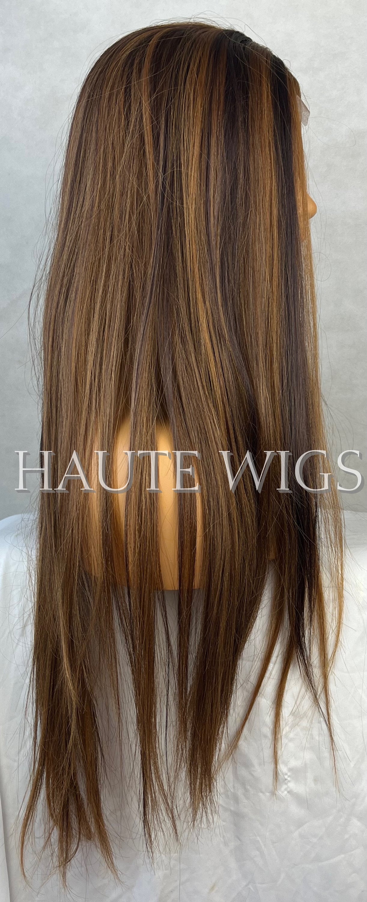 30 Inch BROWN Brunette Wig With Light Highlights Lowlights Streaks Long Straight Womens Wig Vegan friendly Lace Front Realistic Haute Wigs