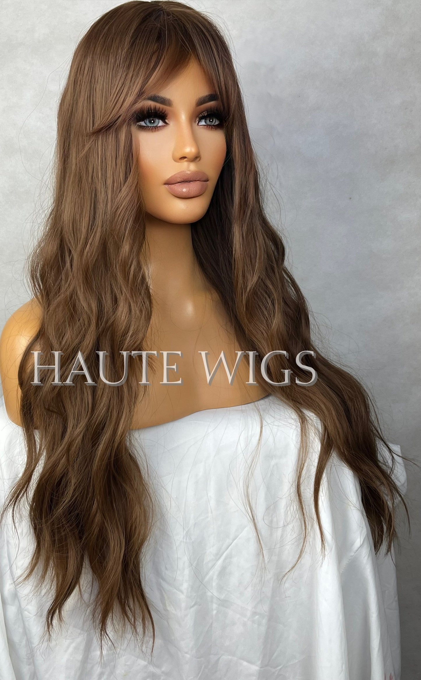 Swiss Brown Brunette Wig With Bangs / Fringe Long Deep Golden Brown Layered Silky Wavy Curly Ladies Womens Wigs No Lace Front Haute Gift