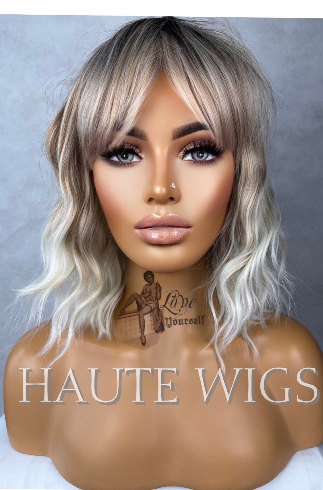 Ash Blonde Brown Balayage Highlights streaks 14 Inch Bob Wig Wavy NO Lace Front Fringe Bangs Womens Wig Eye Catching Short