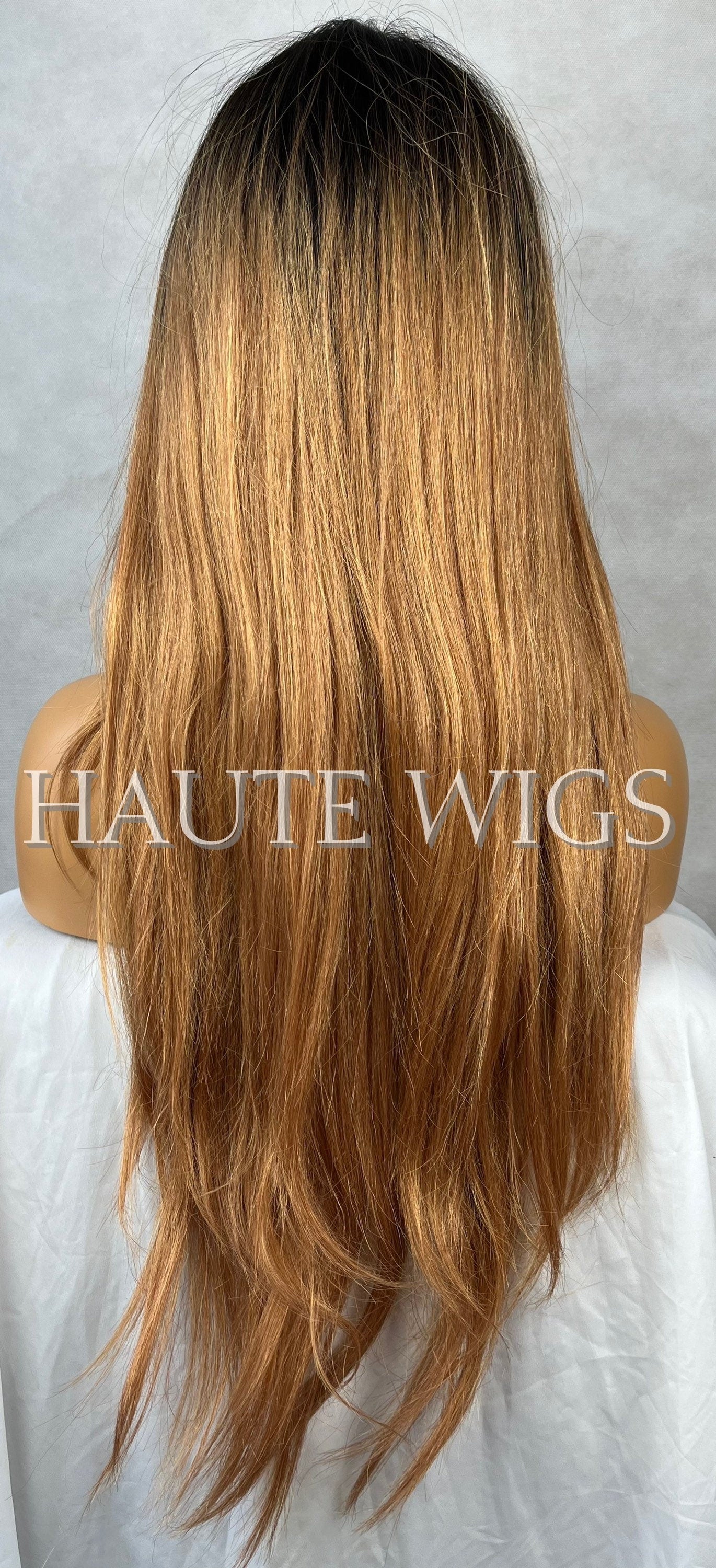 26 Inch Brown Bronze Bronde Ombre Wig Black Roots Fringe Bangs Long Straight Layered Womens Wig Human Hair NO Lace Front Wigs Beautiful