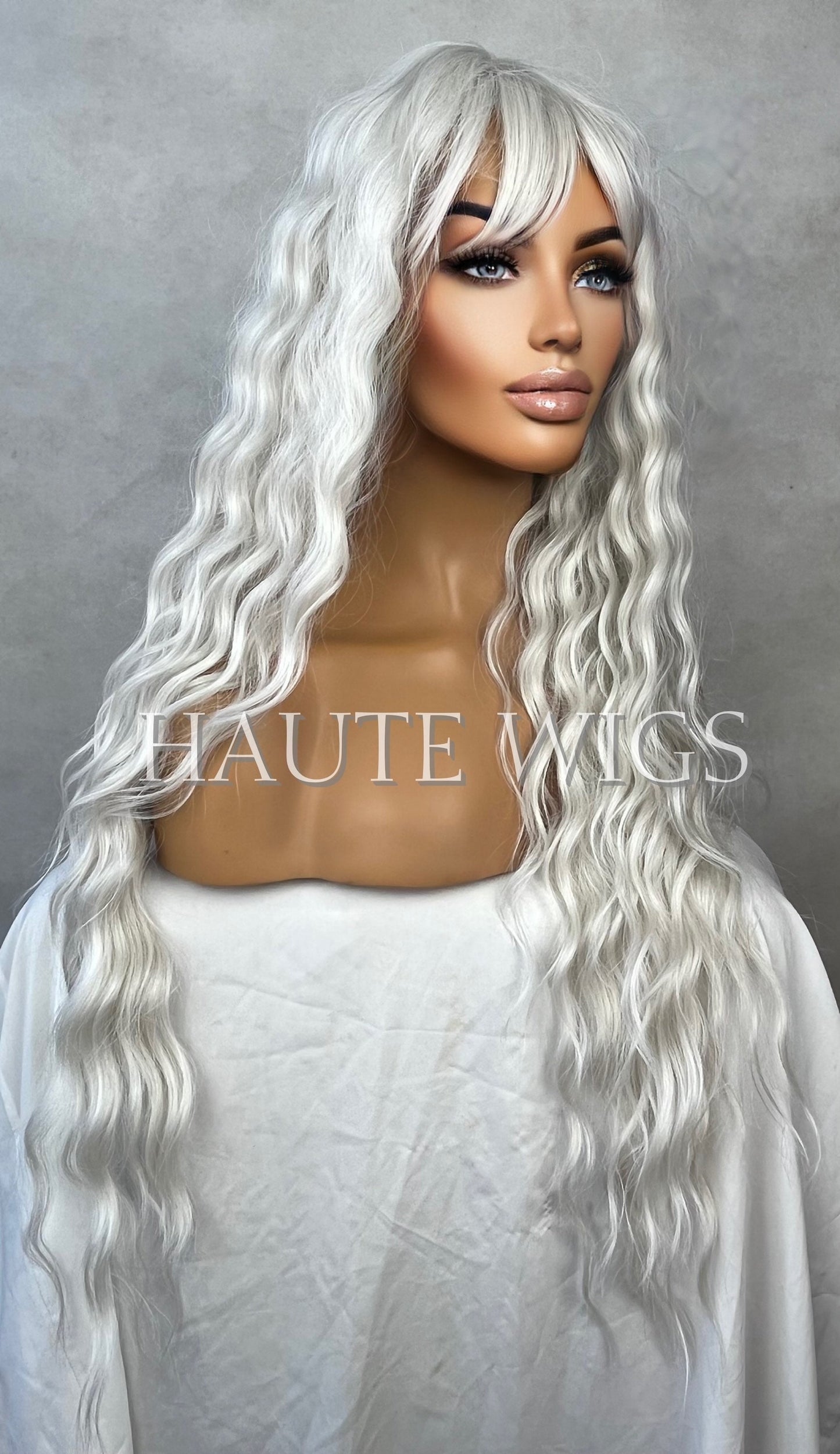 Ice White Ashy Wavy Curly Long 30 Inches Wig Fringe Bangs Center Part Platinum Peroxide Blonde