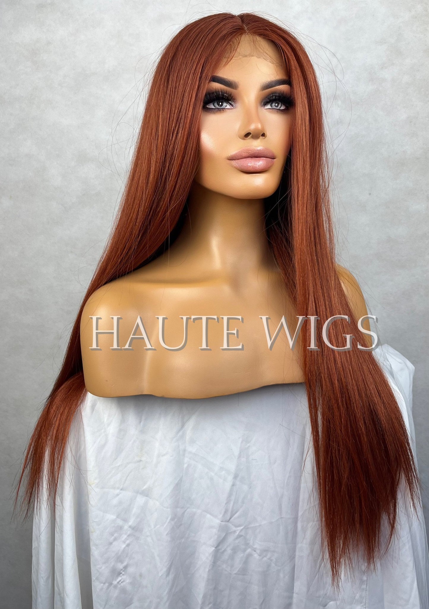 AUBURN 26 Inches Lace Front Human Hair Blends Womens Wig Ladies Deep Copper Ginger Brown Luxury Baby Hairs Center Parting Straight