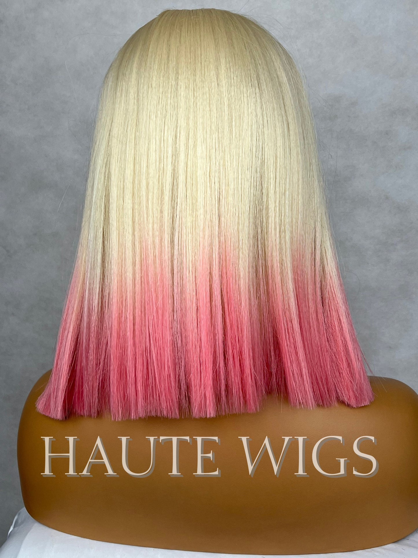 Ombré 613 Creamy Blonde Neon Pink Ends Dip Dye Wig Center Part Short Straight NO Lace Front Human Hair Blends Wig Ladies Gift for her
