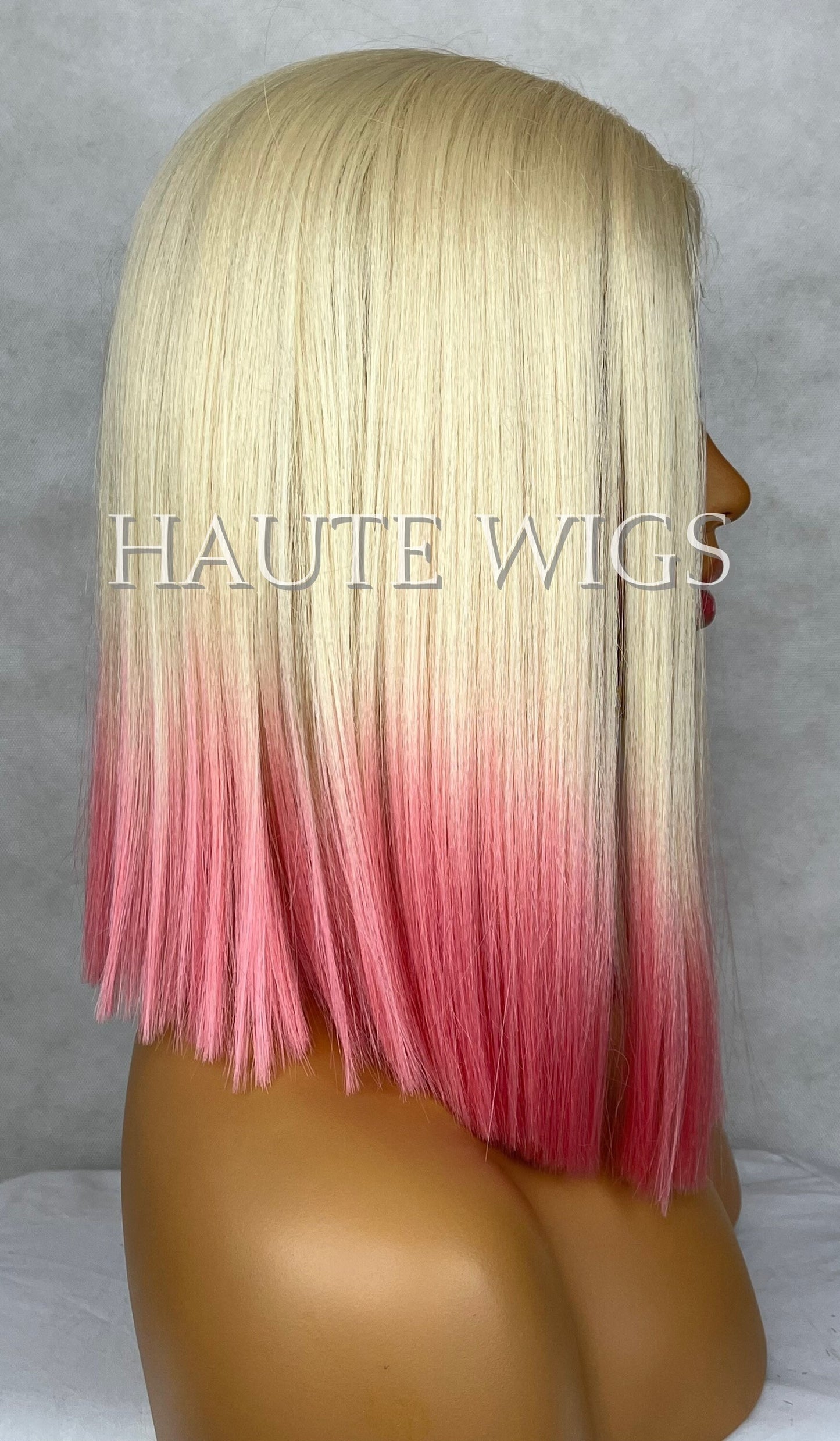 Ombré 613 Creamy Blonde Neon Pink Ends Dip Dye Wig Center Part Short Straight NO Lace Front Human Hair Blends Wig Ladies Gift for her