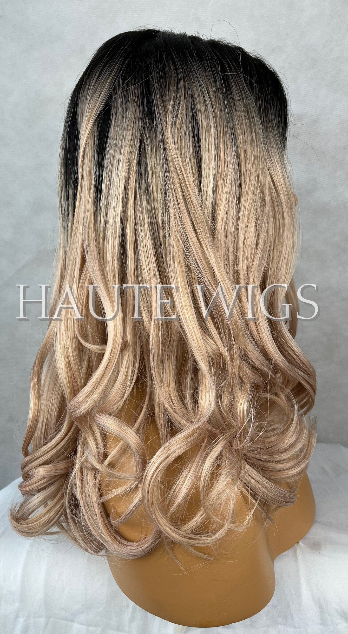 16 inch Blonde With Rose Gold Pink Tones Wig Long wavy Womens Human Hair Blend Pre Cut Lace Front center Parting Realistic Haute Wigs