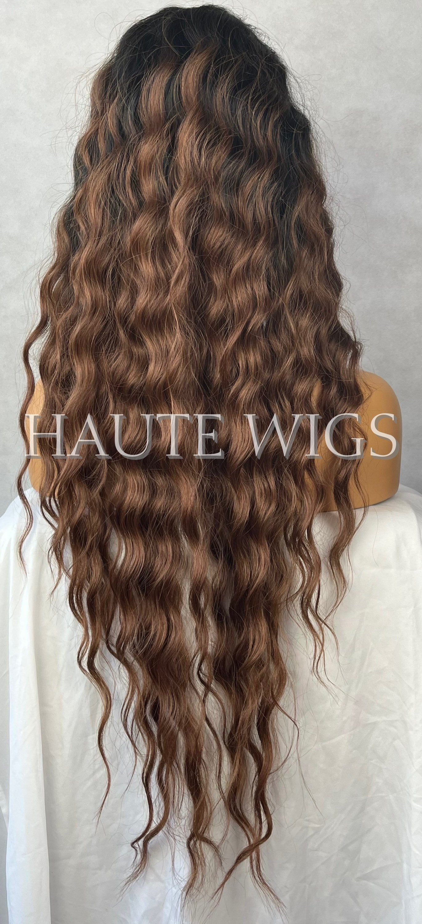 28 Inch Brown W. Red tones Ombré Curly Wavy Water Waves Wig Lace Front Perm Human Hair Blends Gift For Her Realistic Ladies Womens