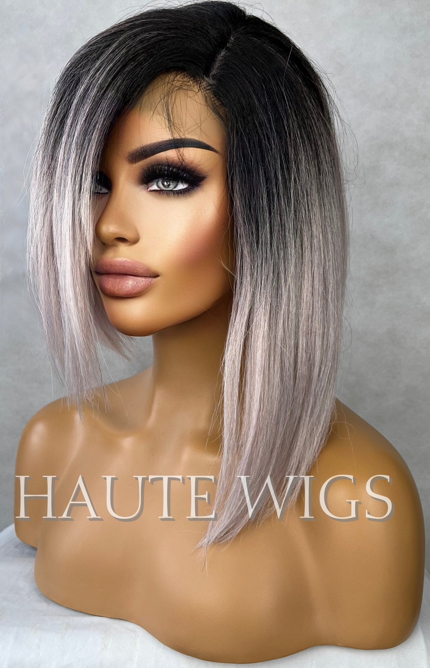 Pink Metal White Silver Ombre Short Bob XXX 12 Inches Lace Front Human Hair Womens Wig Ladies Sexy Luxury Baby Hairs Center Parting Straight