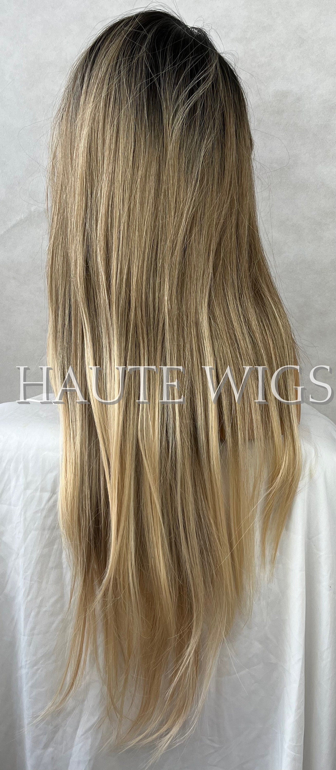 30 Inch Long Ash Blonde Brown Highlights Balayage Womens Wig Hair Fringe / Bangs Straight Blonde Low Lights Human Hair Blends Synthetic